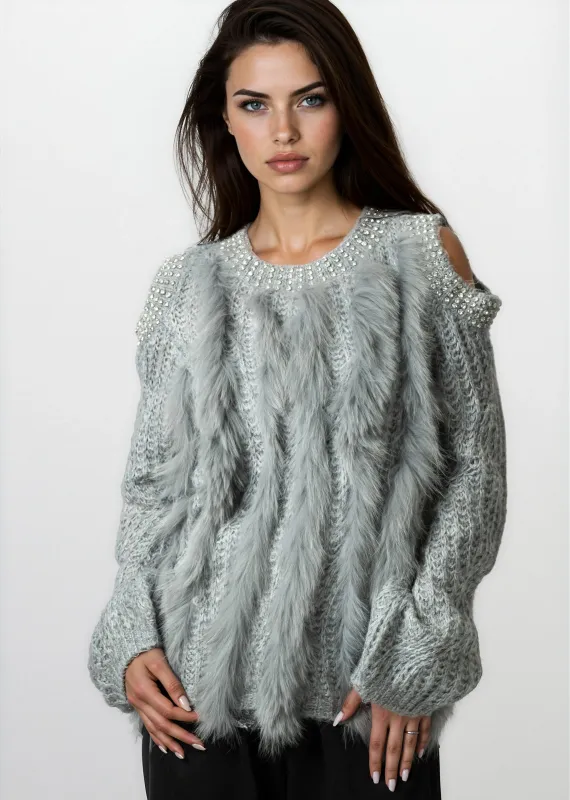 Bedazzled Cold Shoulder Faux Fur Sweater sold by Kate Hewko