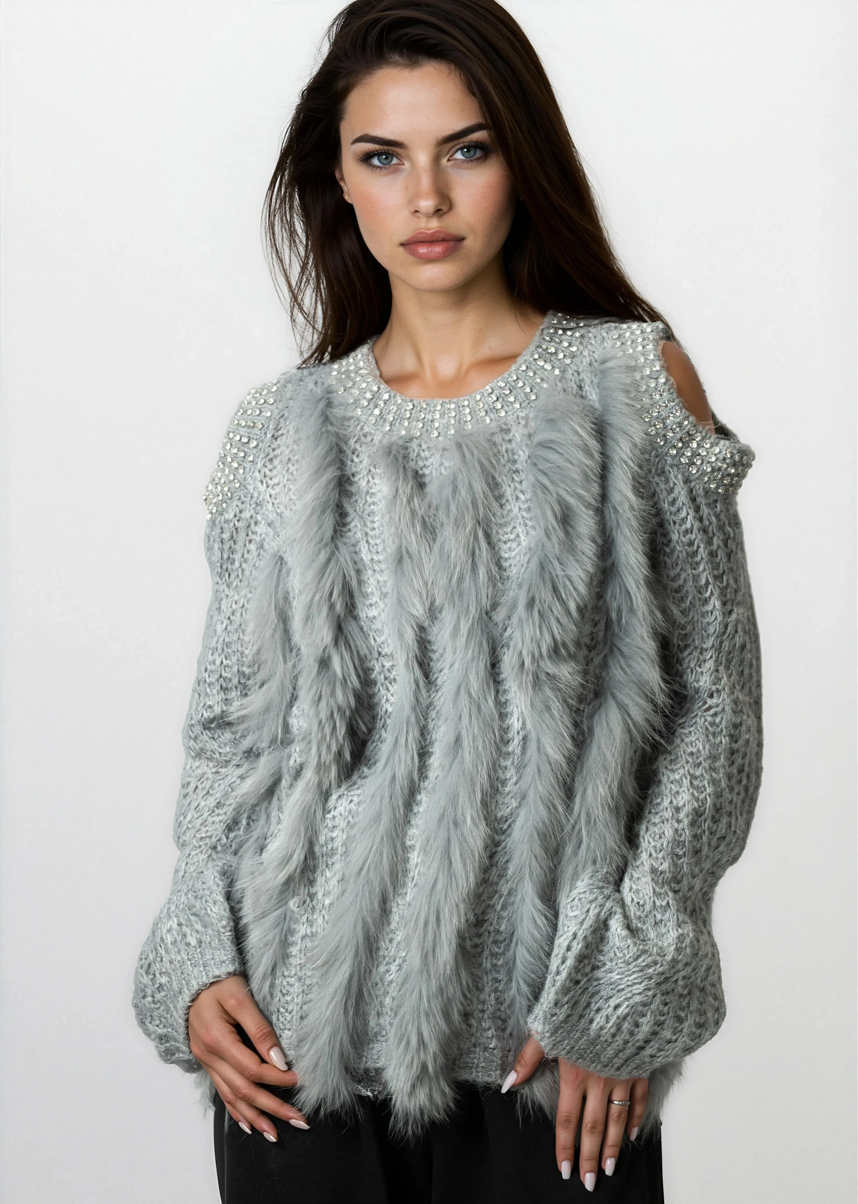 Bedazzled Cold Shoulder Faux Fur Sweater sold by Kate Hewko