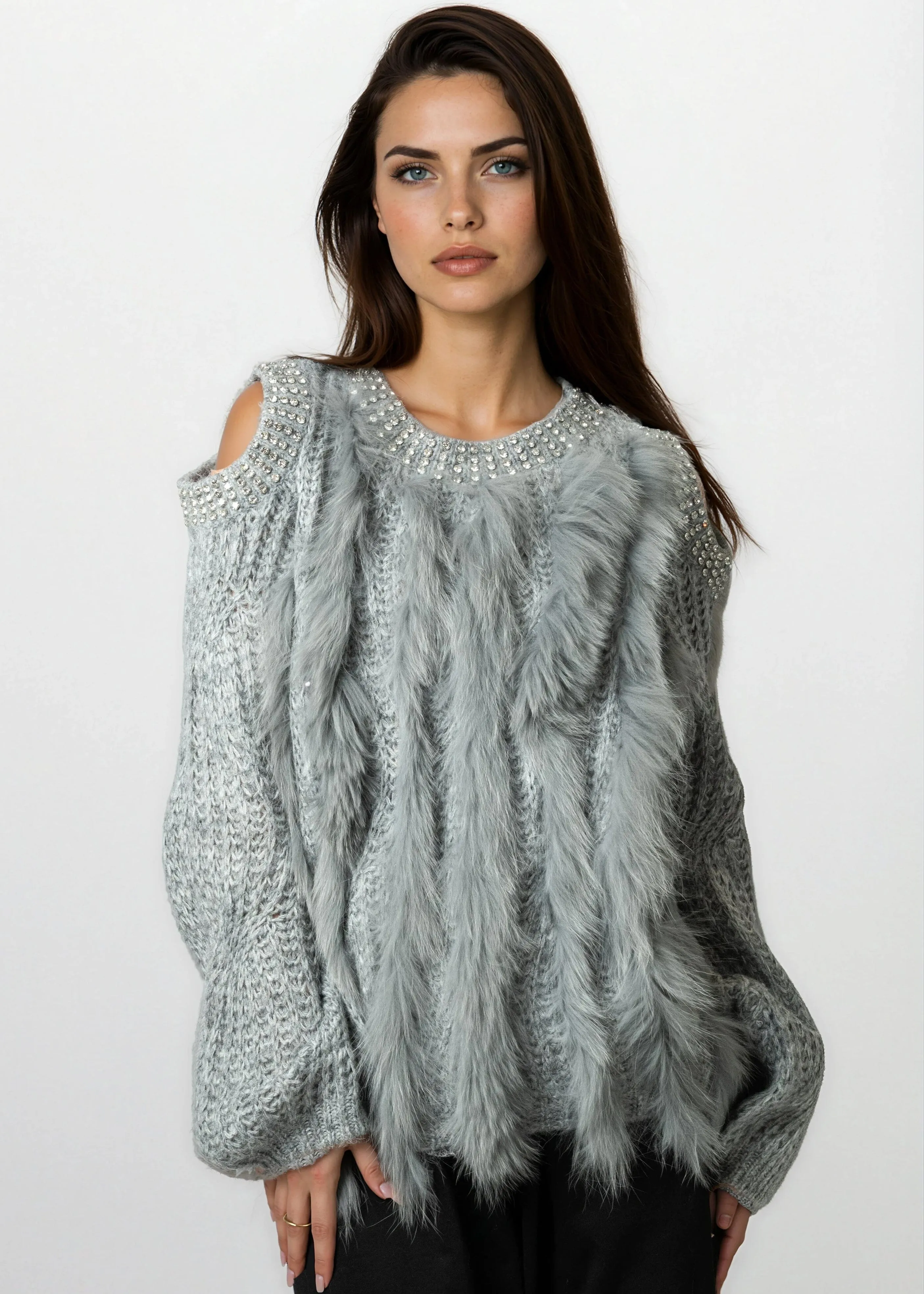 Bedazzled Cold Shoulder Faux Fur Sweater sold by Kate Hewko product image thumbnail 4