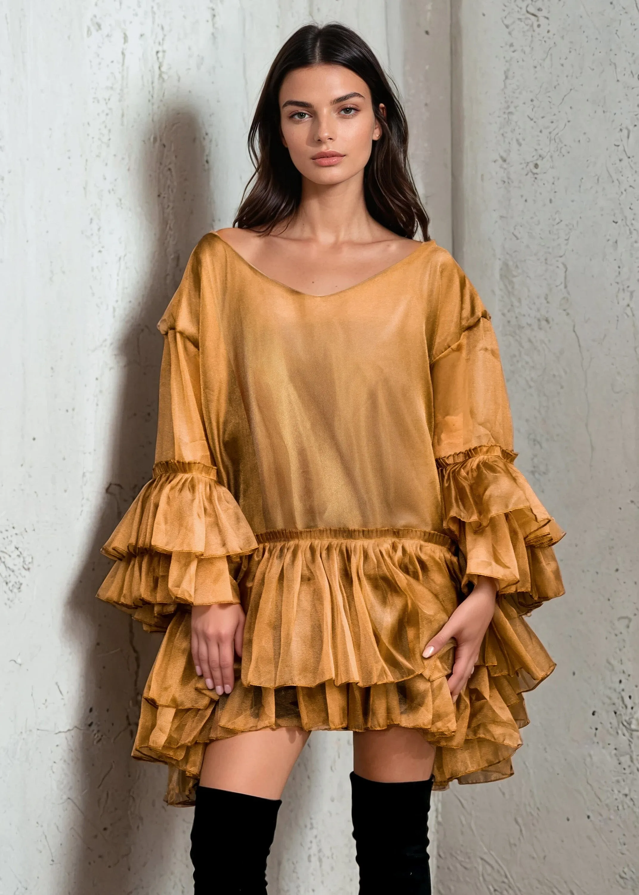 Gold Metallic Ruffle Tunic sold by Kate Hewko
