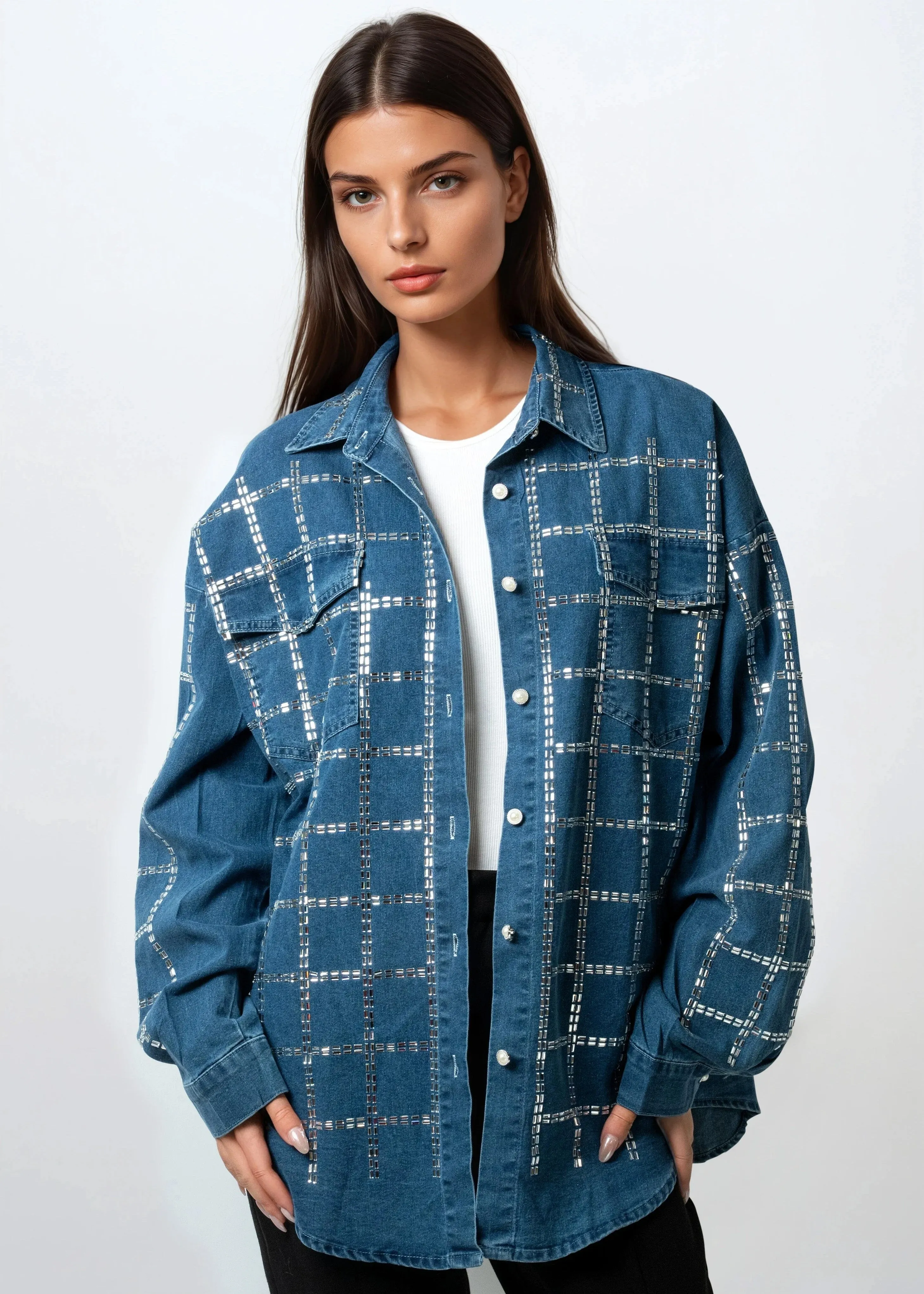 Bejeweled Grid Denim Button Up sold by Kate Hewko product image thumbnail 2