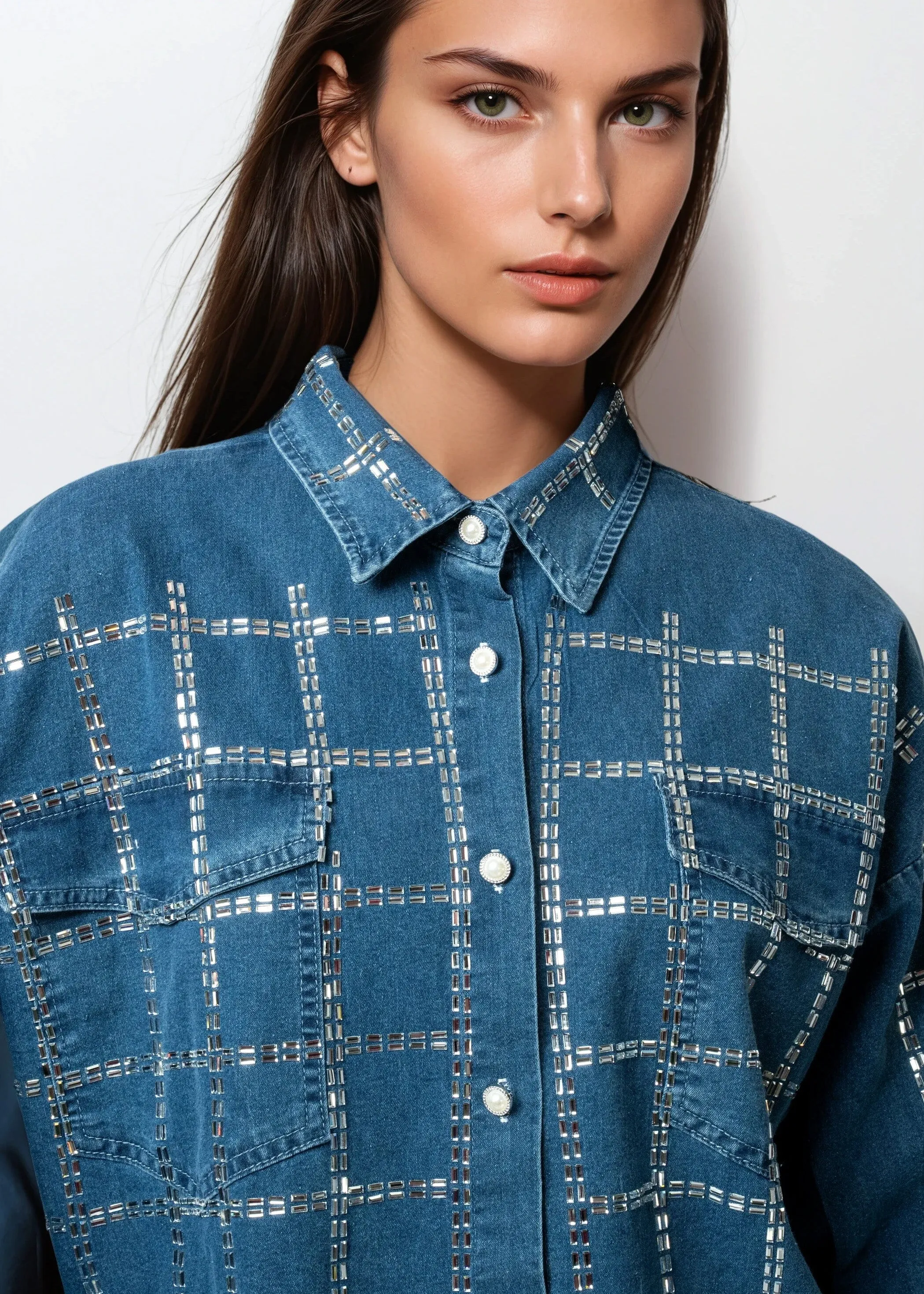 Bejeweled Grid Denim Button Up sold by Kate Hewko product image thumbnail 4