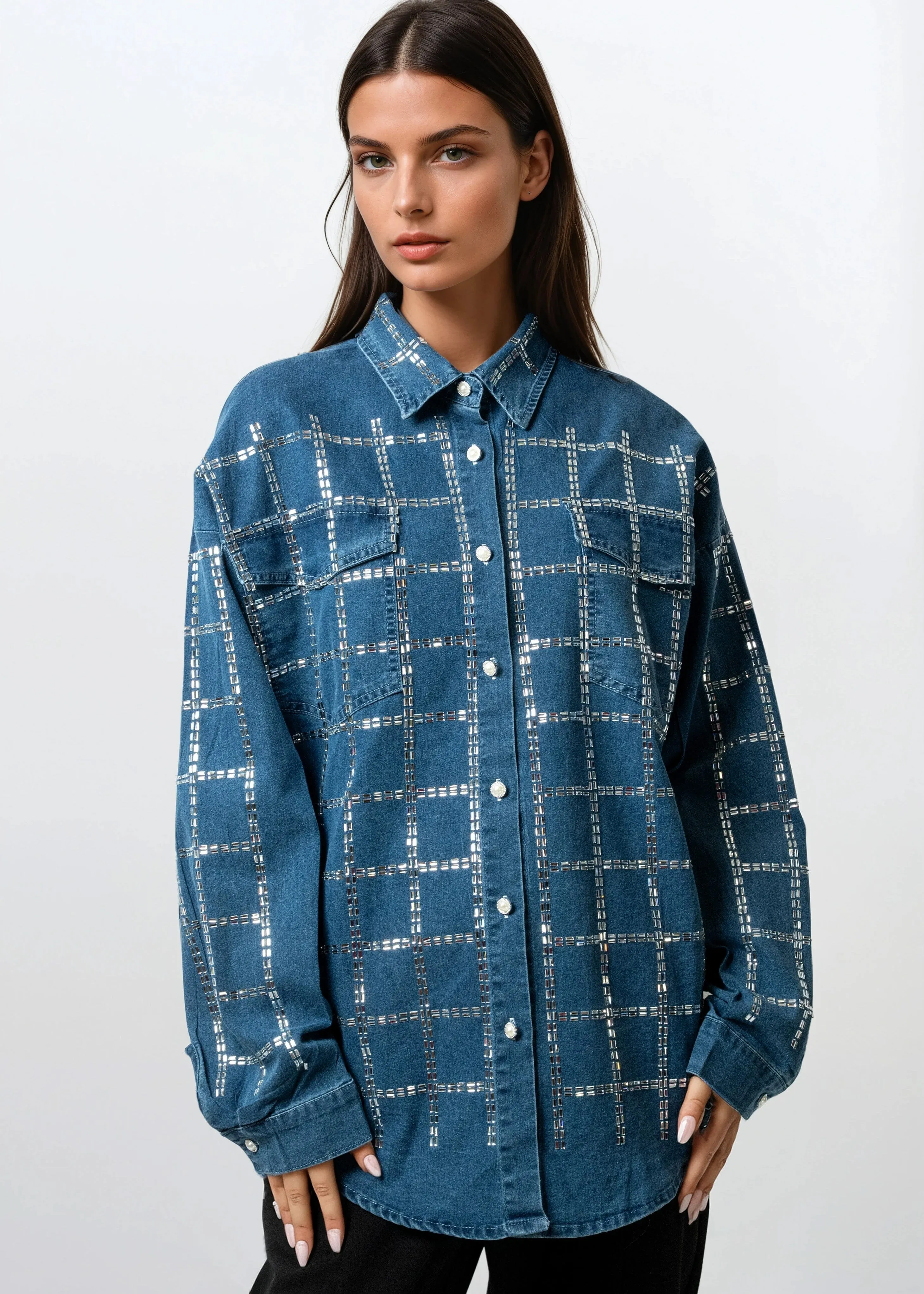 Bejeweled Grid Denim Button Up sold by Kate Hewko product image thumbnail 3
