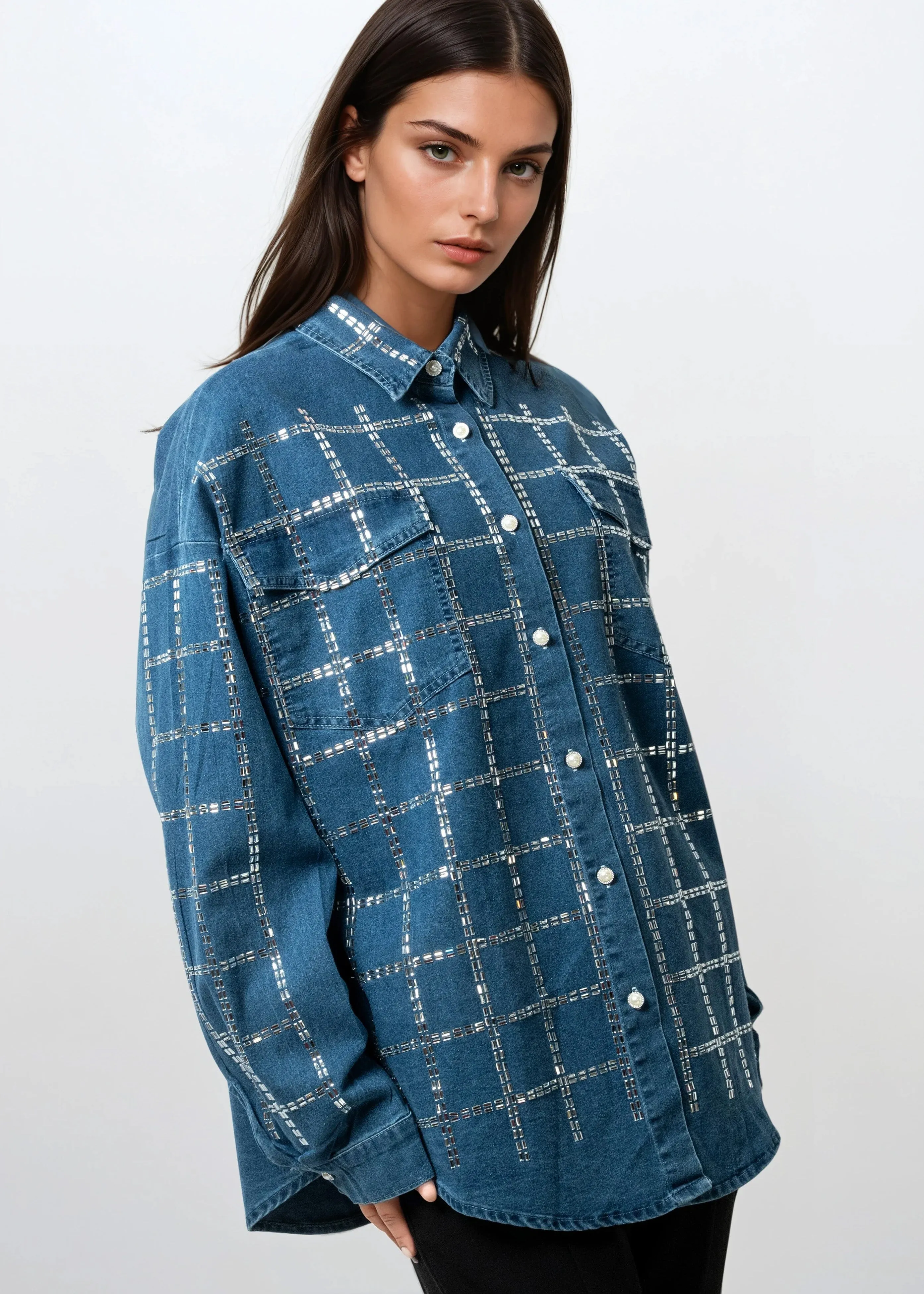 Bejeweled Grid Denim Button Up sold by Kate Hewko