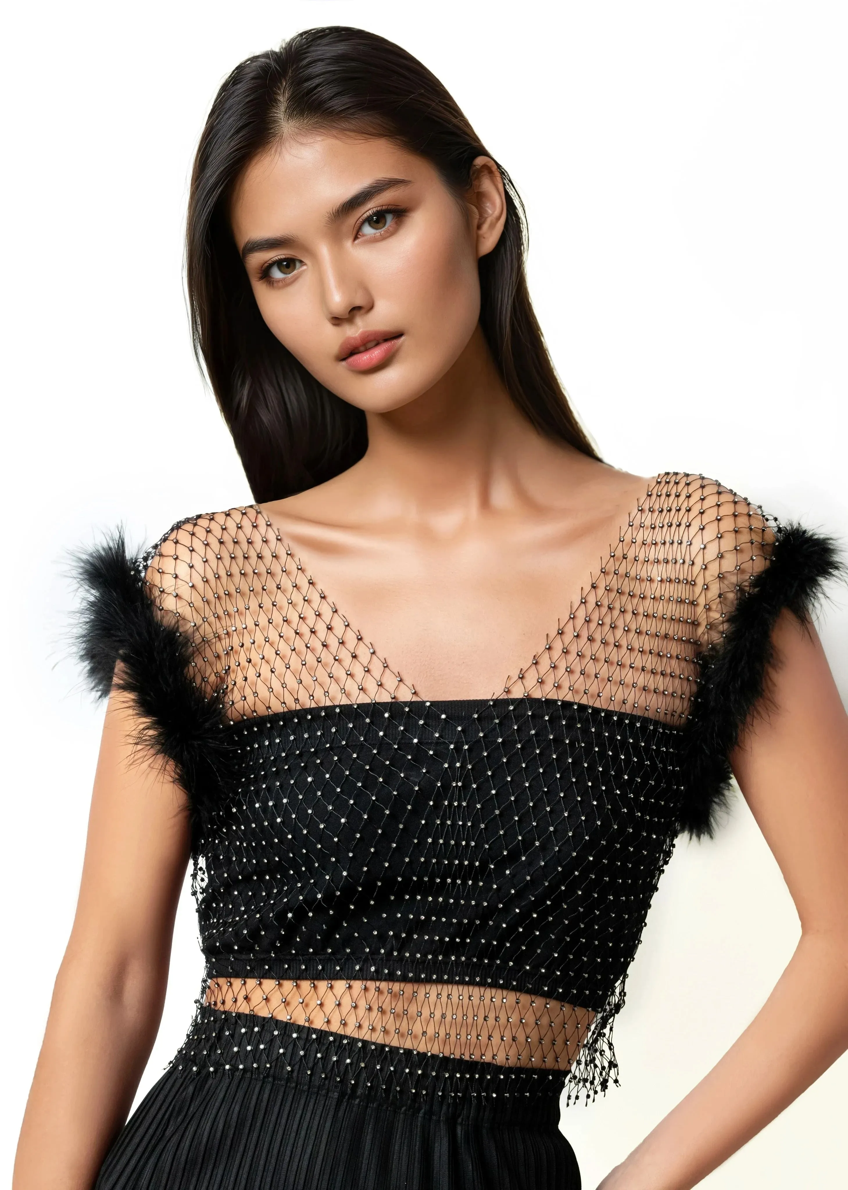 Rhinestone Mesh Feather Trim Top sold by Kate Hewko product image thumbnail 4