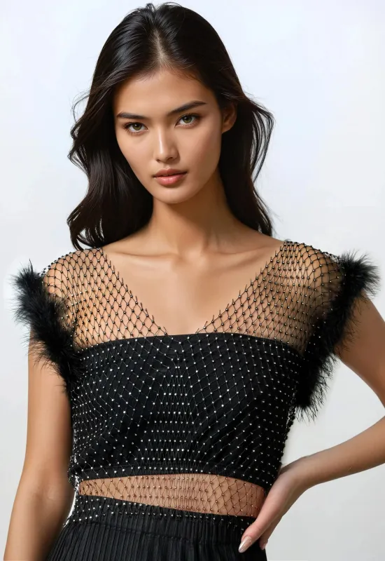 Rhinestone Mesh Feather Trim Top sold by Kate Hewko