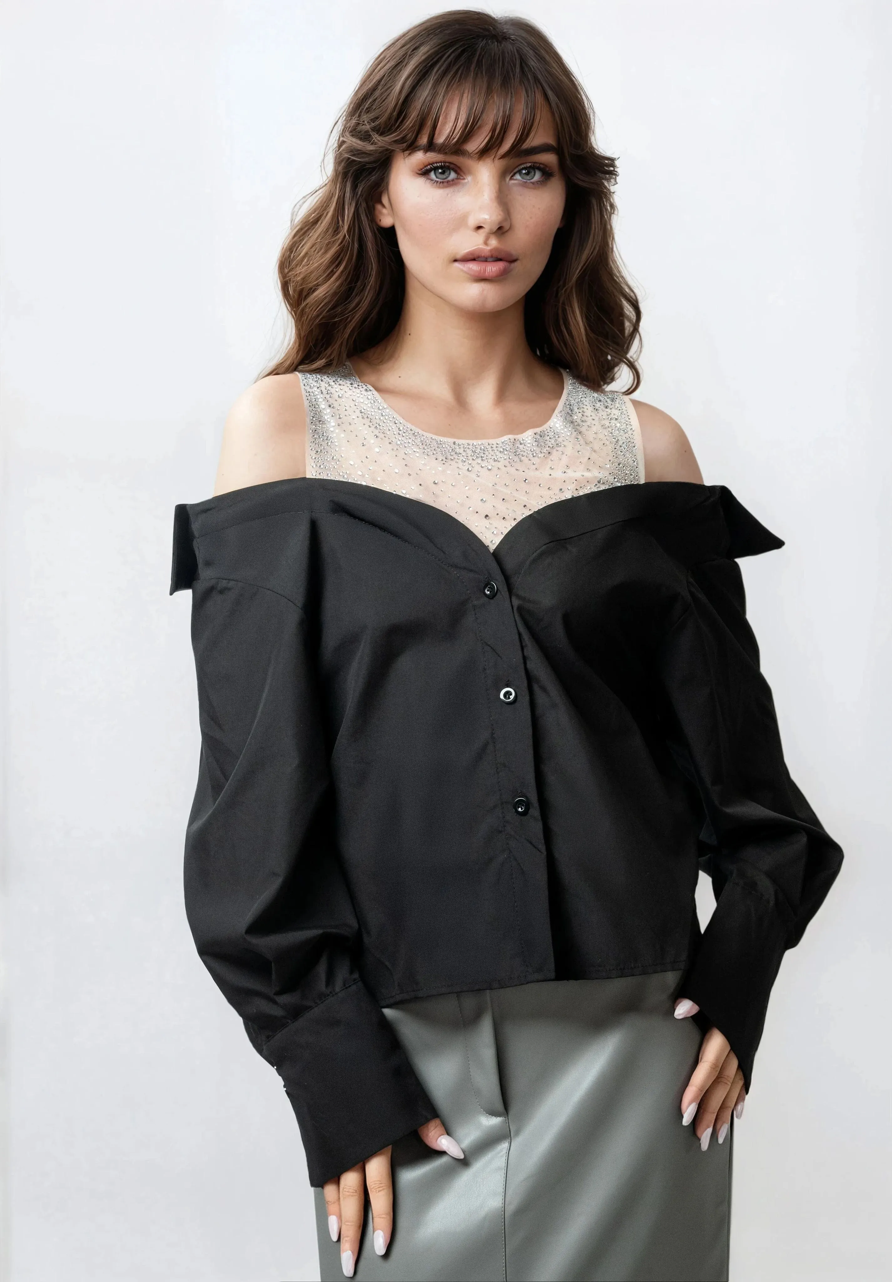 Rhinestone Mesh Contrast Dress Shirt sold by Kate Hewko product image thumbnail 5