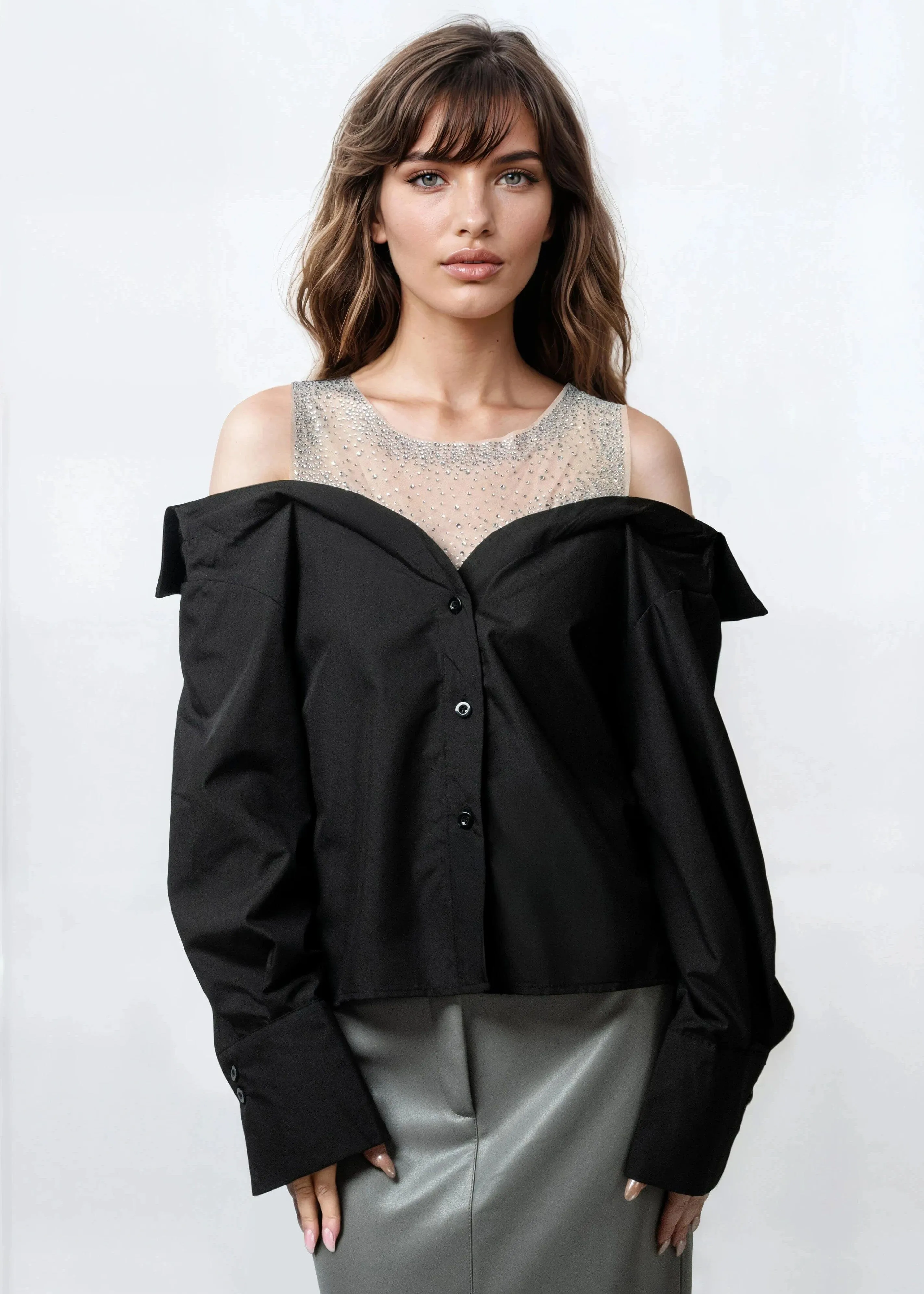 Rhinestone Mesh Contrast Dress Shirt sold by Kate Hewko product image thumbnail 2