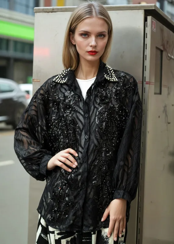 Sheer Embroidered Mesh Button Up sold by Kate Hewko