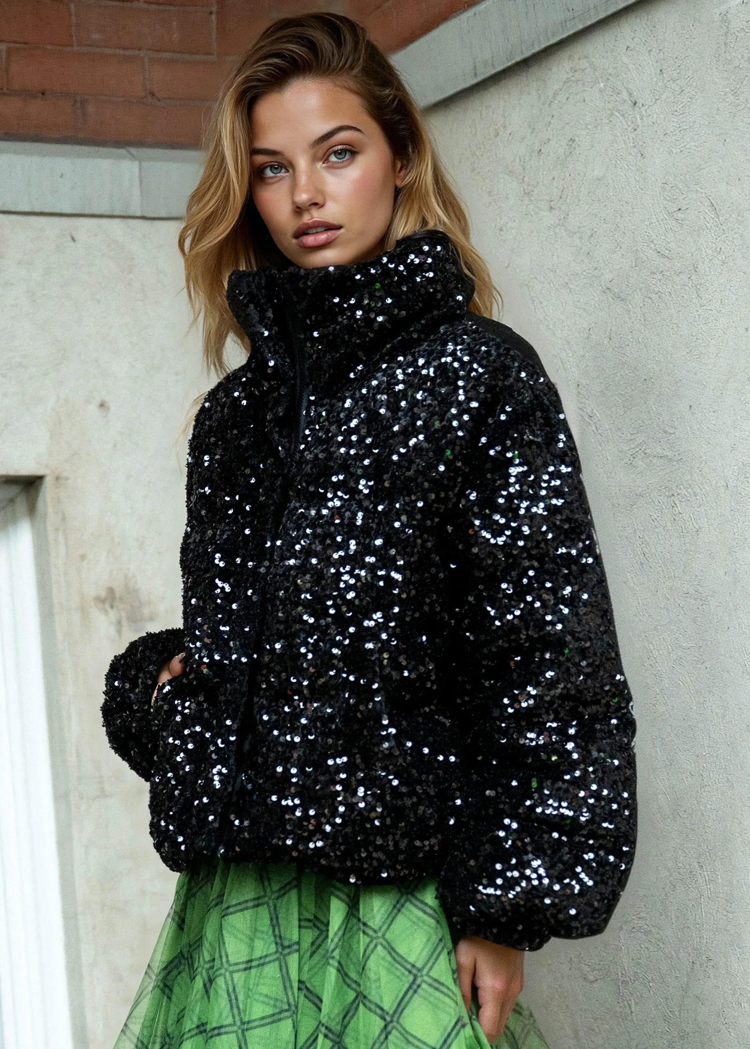 Sequin Puffer Bomber Jacket sold by Kate Hewko