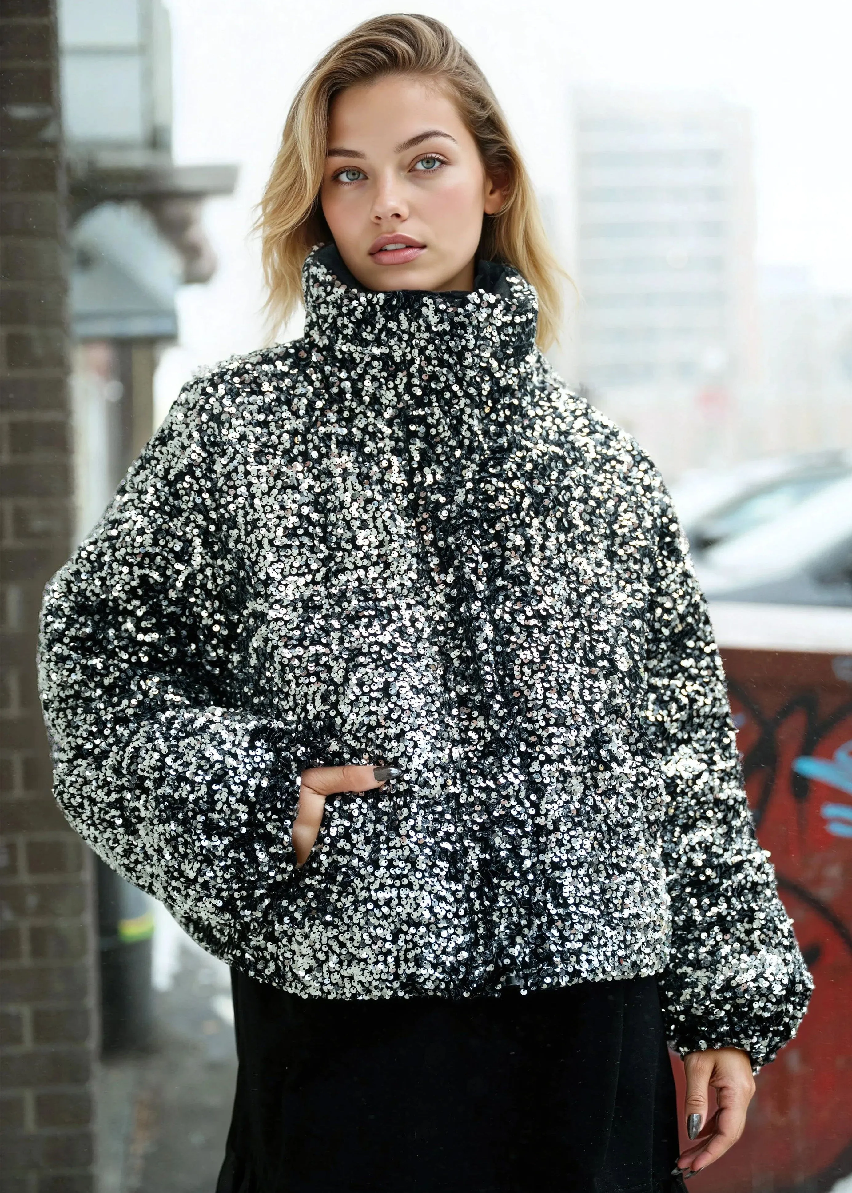 Sequin Puffer Bomber Jacket sold by Kate Hewko product image thumbnail 4