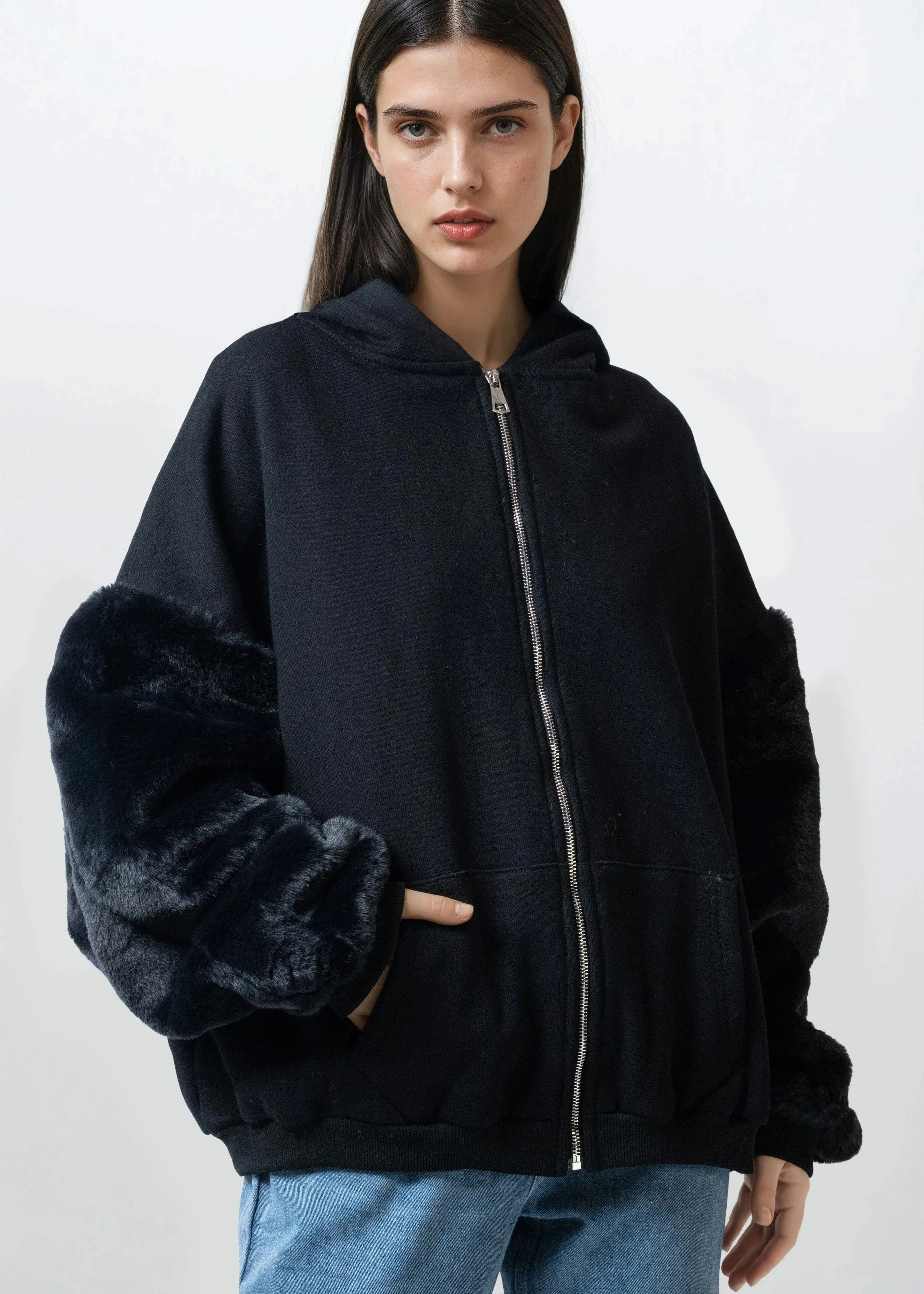 Faux Fur Sleeve Zip Hoodie sold by Kate Hewko product image thumbnail 2