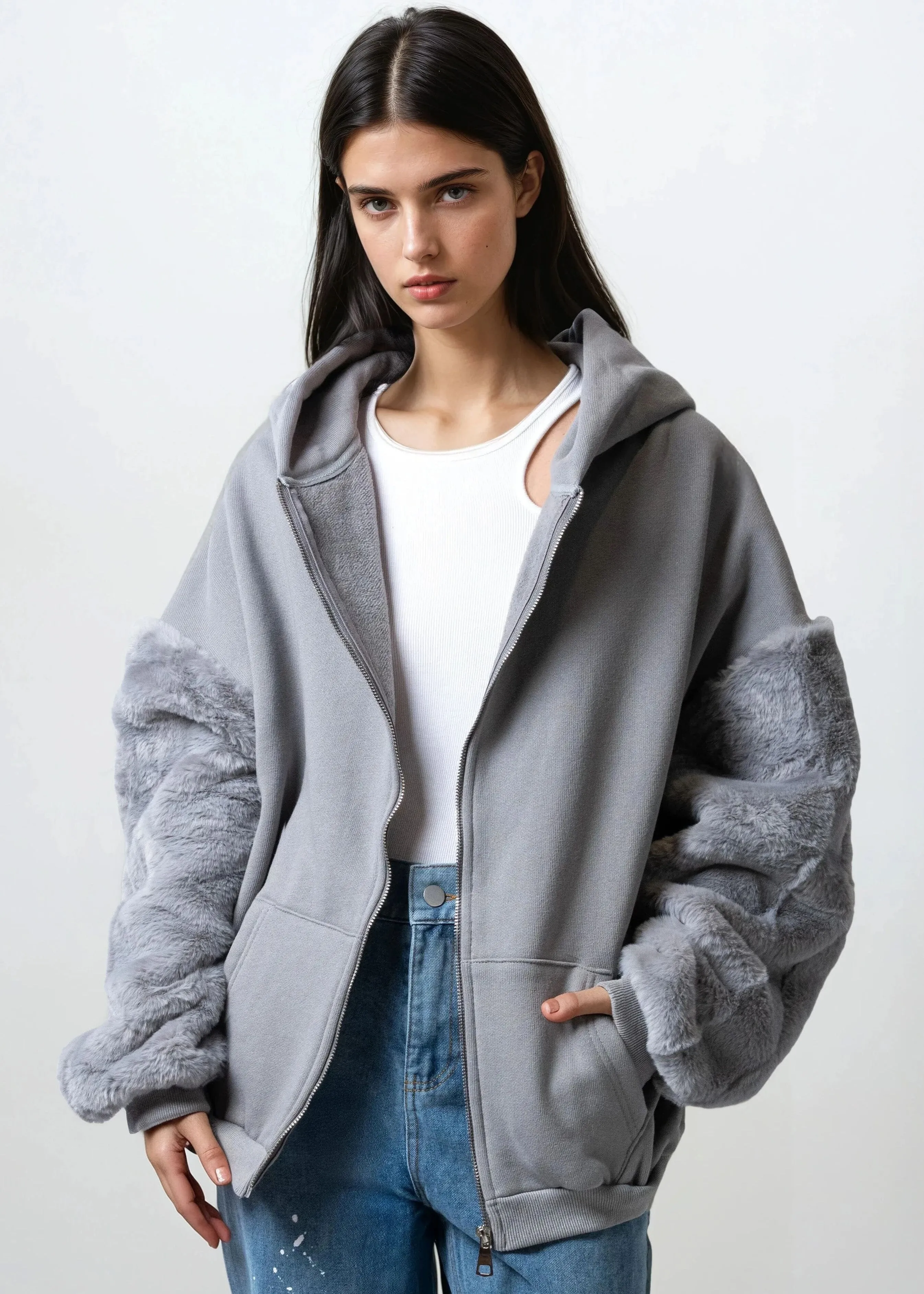Faux Fur Sleeve Zip Hoodie sold by Kate Hewko product image thumbnail 4