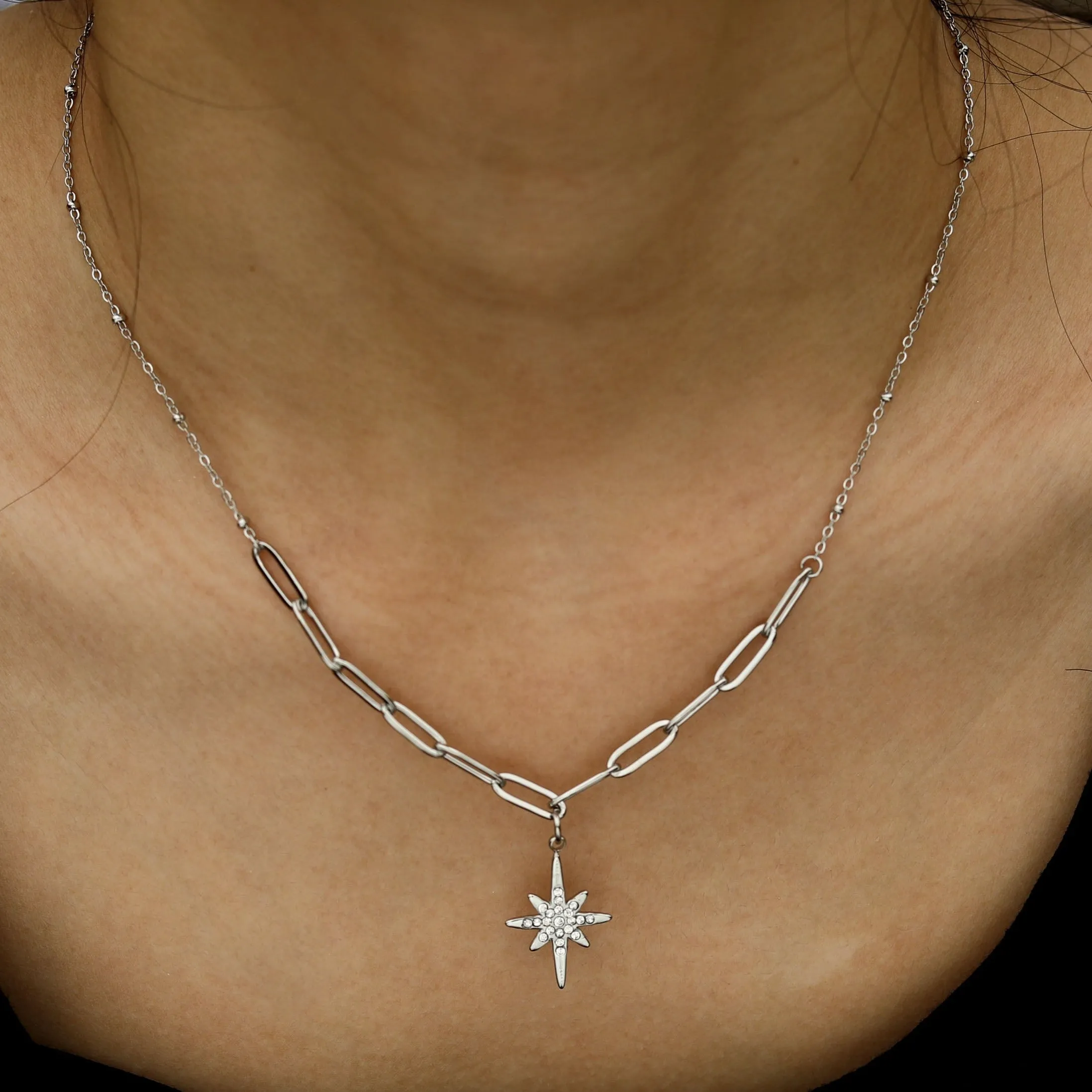 MALVINA Mix Silver Chain with Zirconia Studded Star Pendant sold by Lav & Kush