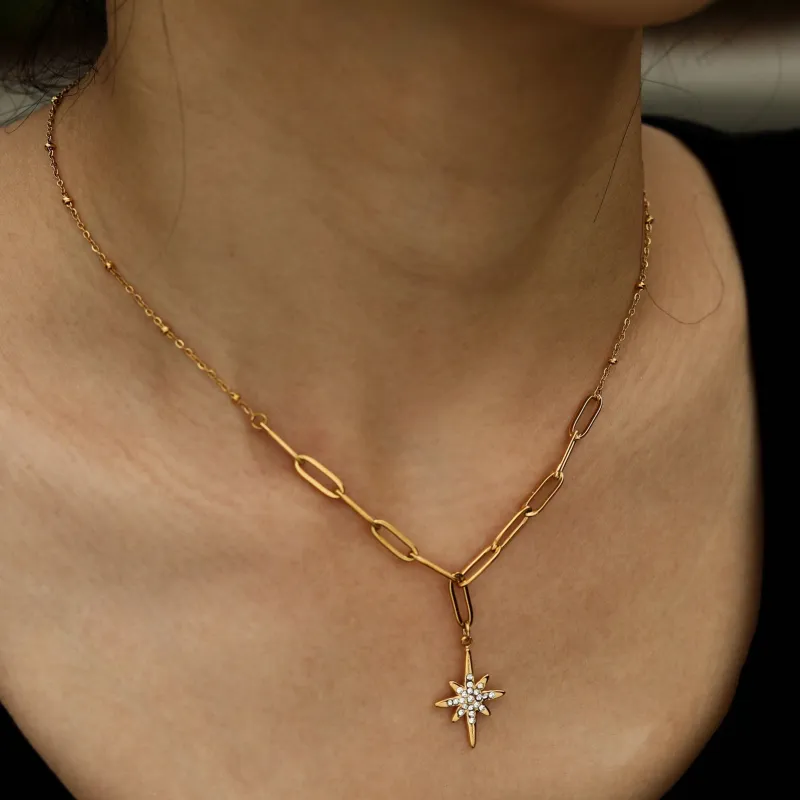 MALVINA Mix Gold Chain with Zirconia Studded Star Pendant sold by Lav & Kush