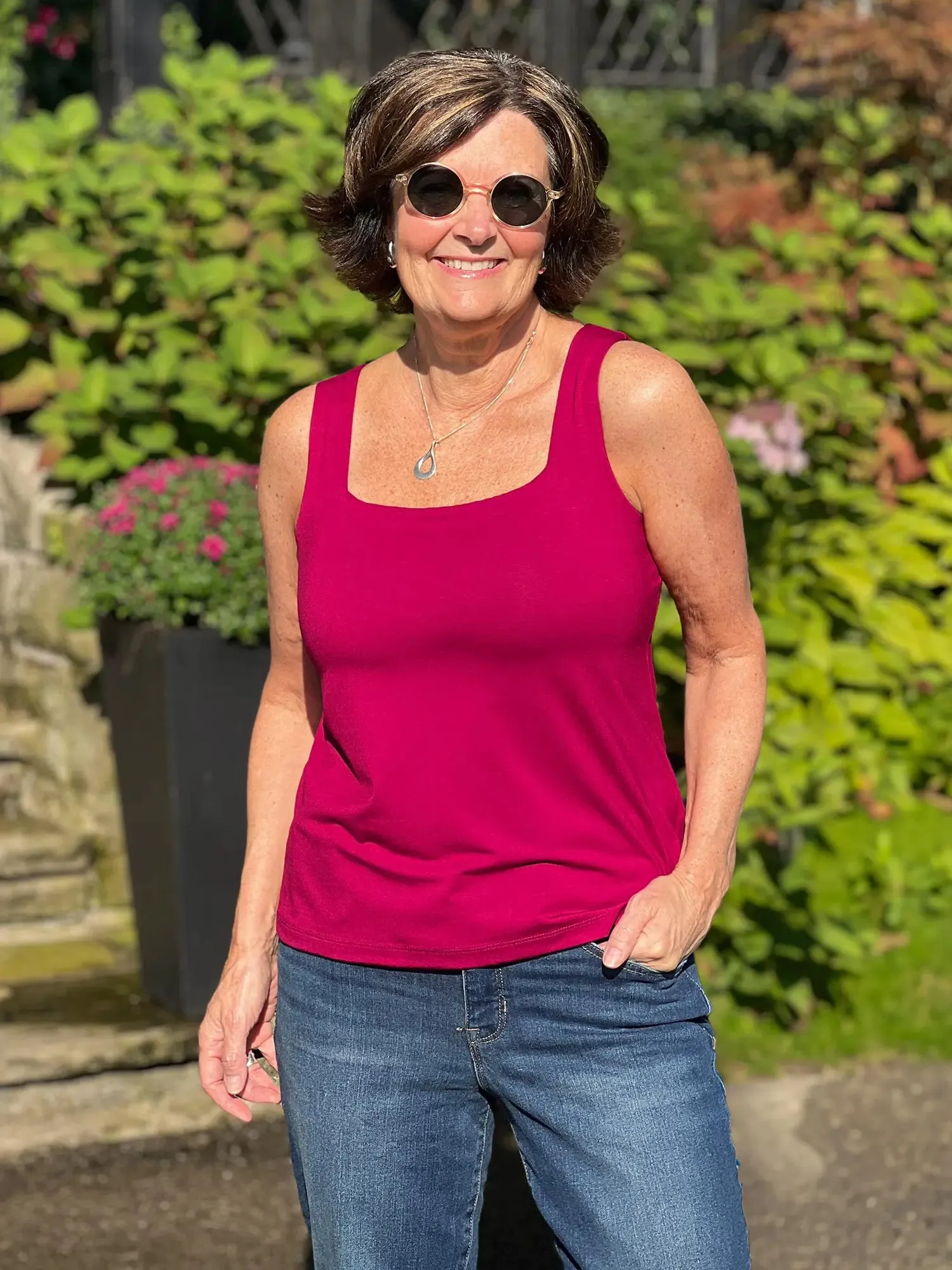 Eline reversible neckline shelf bra tank sold by Miik