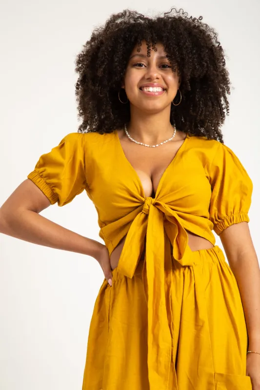 Yellow Linen Cheer Wrap Top made by Oge Ajibe