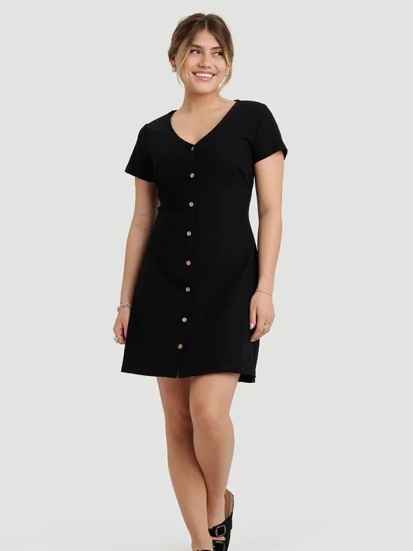 Robe Col en V Boutonnée avec Dos Lacé - Noir sold by Oraki