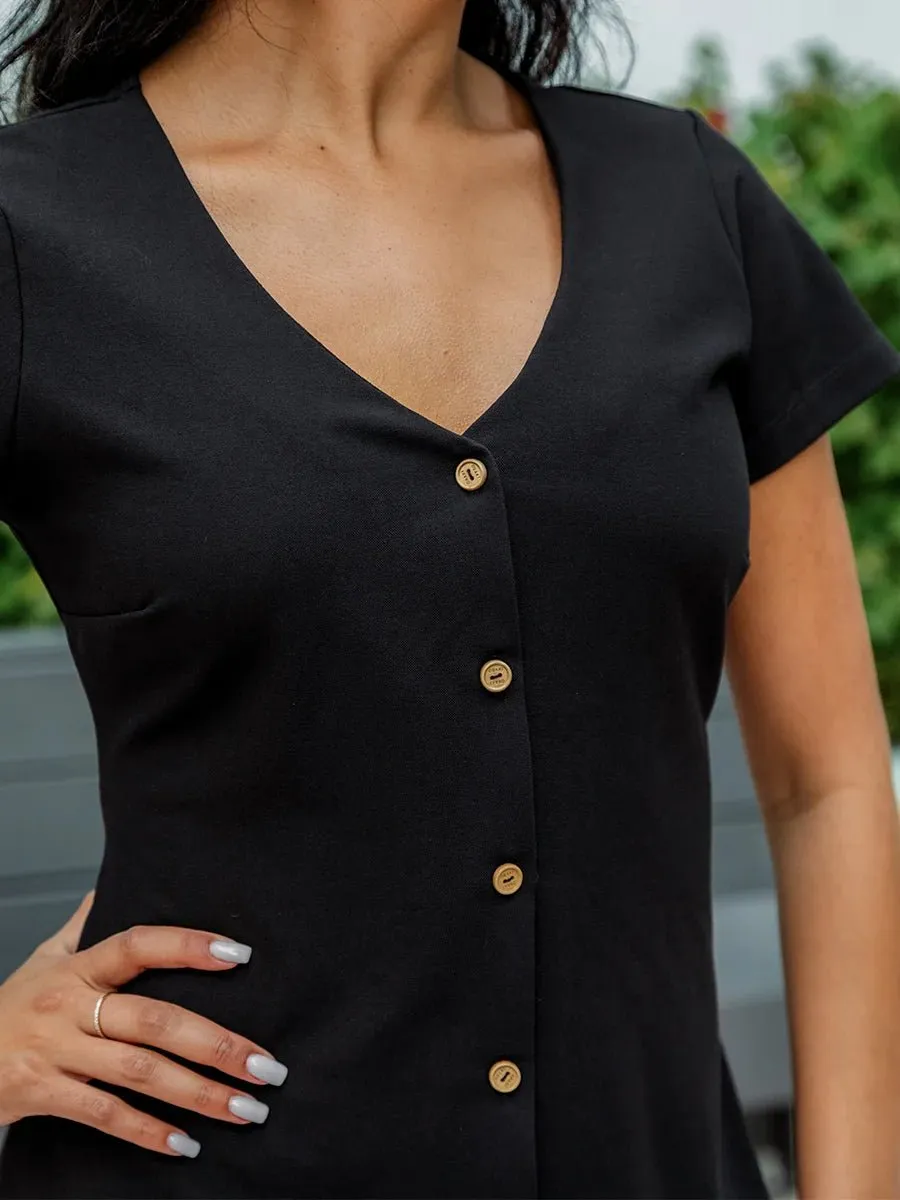 Robe Col en V Boutonnée avec Dos Lacé - Noir sold by Oraki product image thumbnail 2