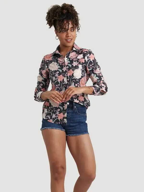 Chemise Ajustée Twill Extensible - Pivoines Noires sold by Oraki