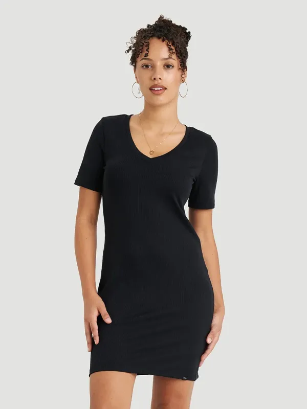 Robe courte col V à manches courtes côtelée - Gris charbon sold by Oraki