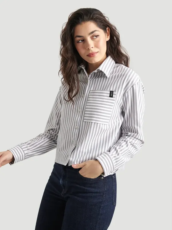Chemise droite courte avec poche appliquée - Rayé gris-blanc made by Oraki