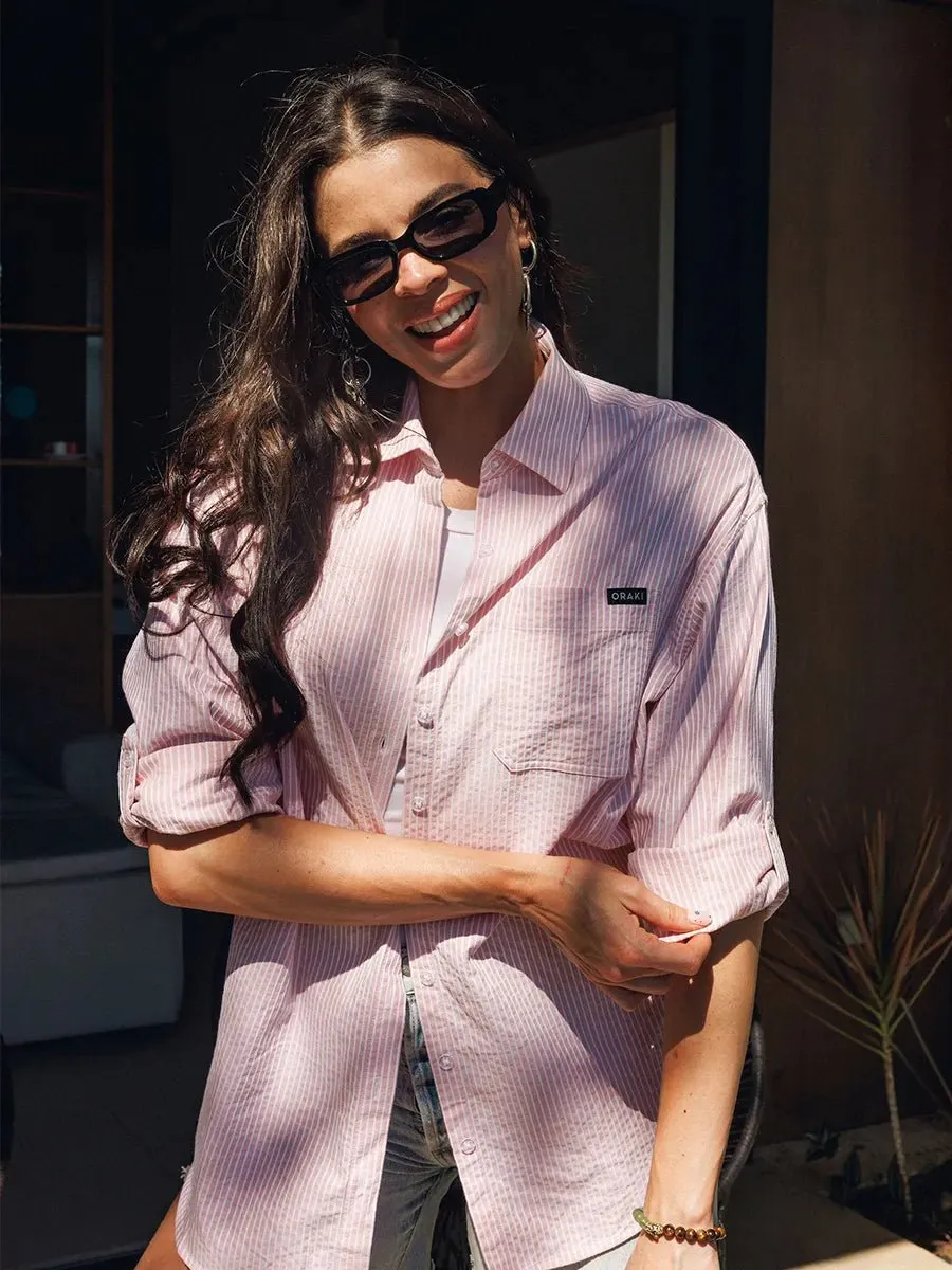 Chemise longue Flowy ample à manches roulées - Ligné abricot sold by Oraki product image thumbnail 4