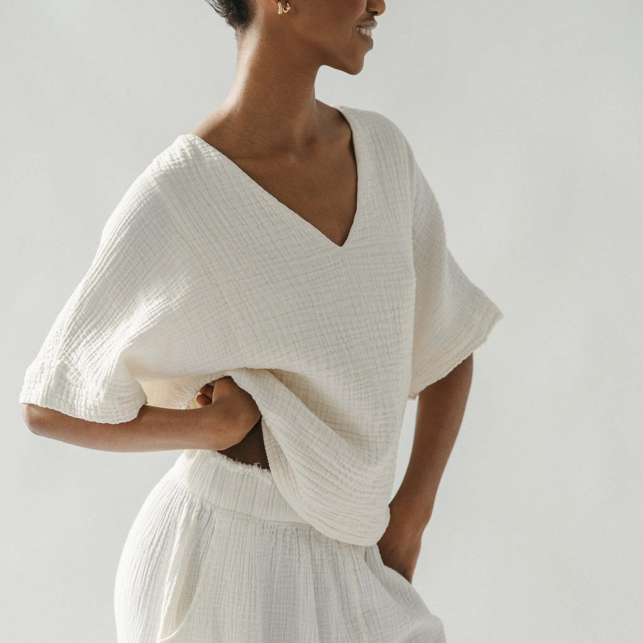 Crinkle V Neck Top sold by POKOLOKO