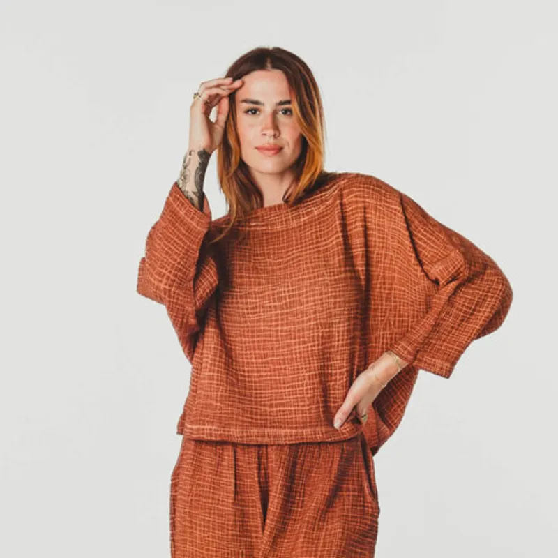 Crinkle Long Sleeve Boat Top - Terracotta sold by POKOLOKO