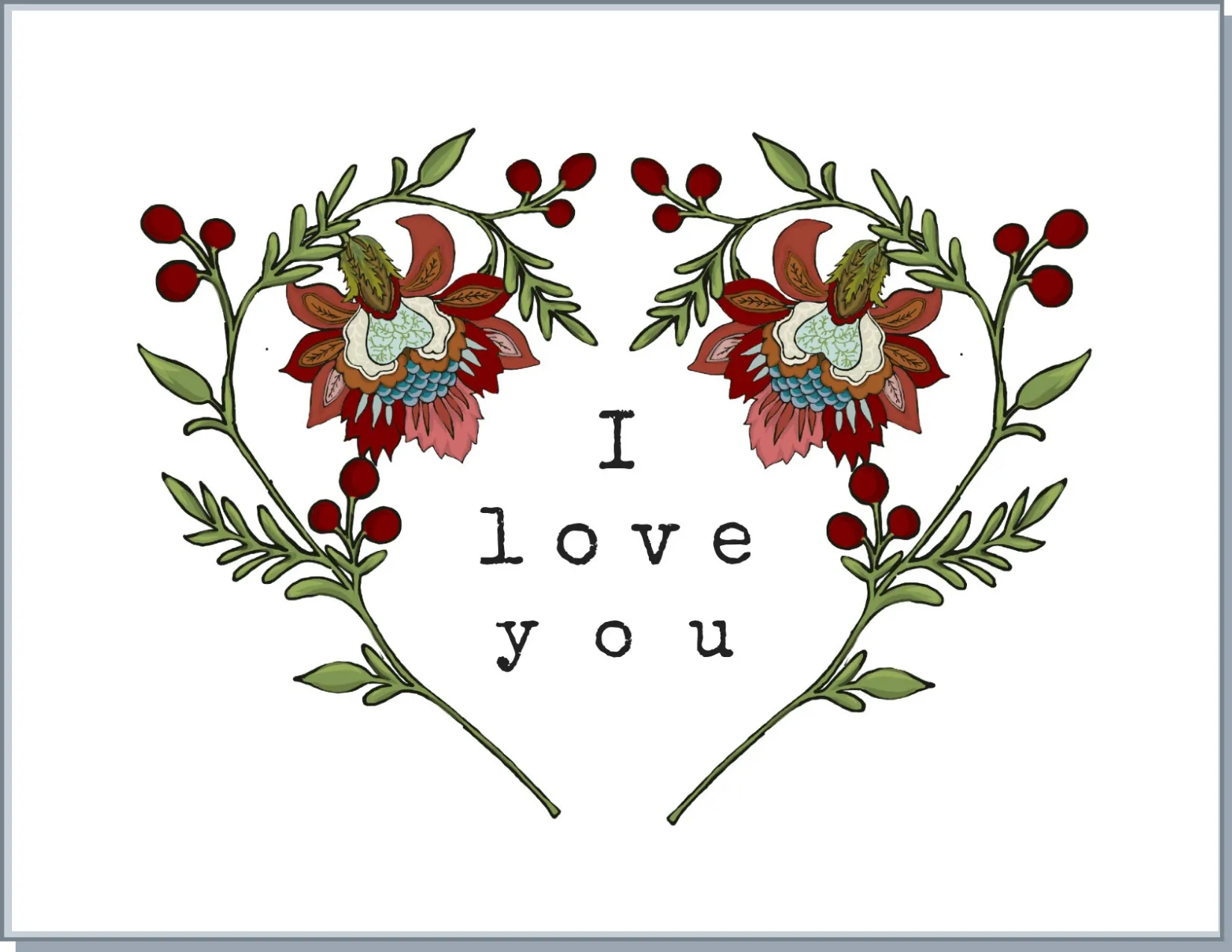 Newfolk&Cabin Jacobean I Love You Floral Heart - Greeting Card sold by Smoking Lily