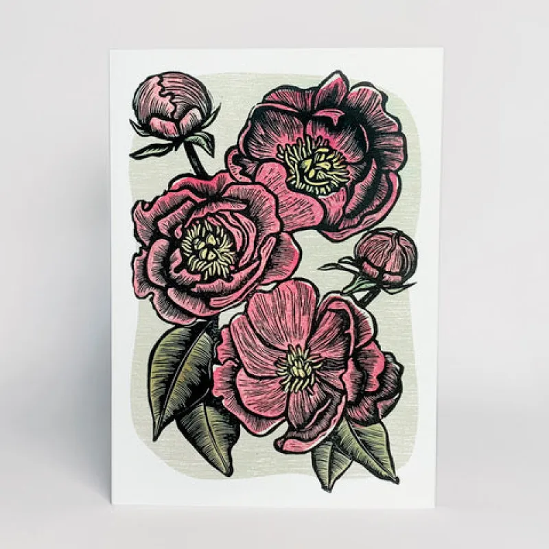 Hawk and Rose Press - Peonies Linocut Card made by Smoking Lily