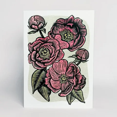 Hawk and Rose Press - Peonies Linocut Card sold by Smoking Lily