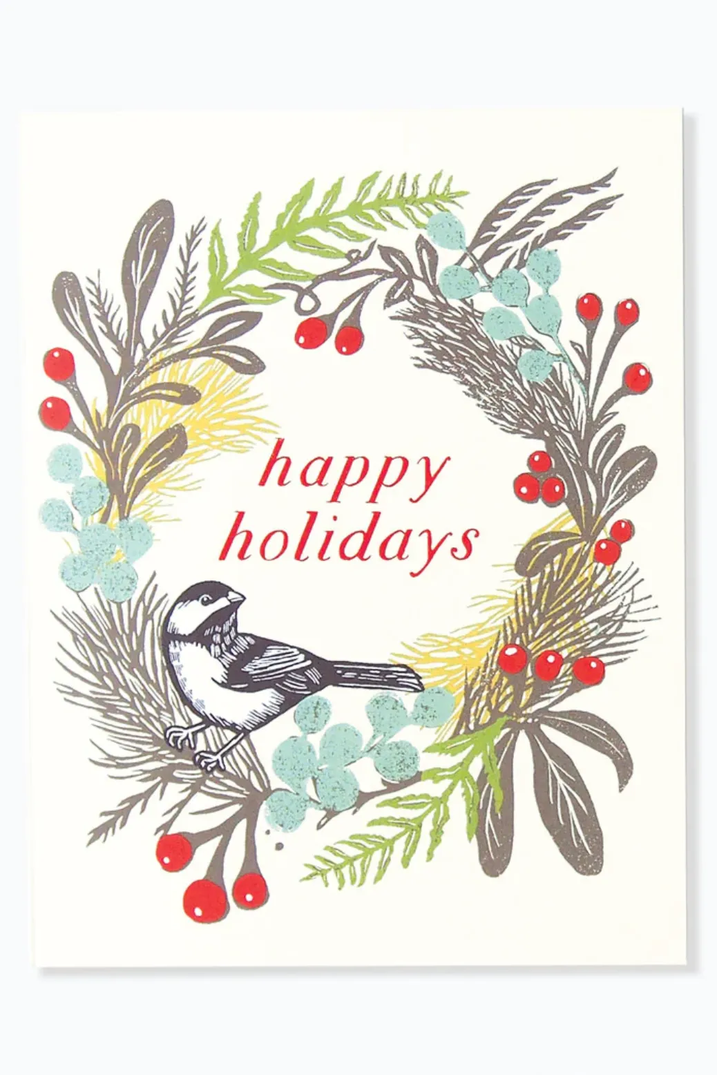 Hawk and Rose Press - Holiday Wreath Linocut Card sold by Smoking Lily