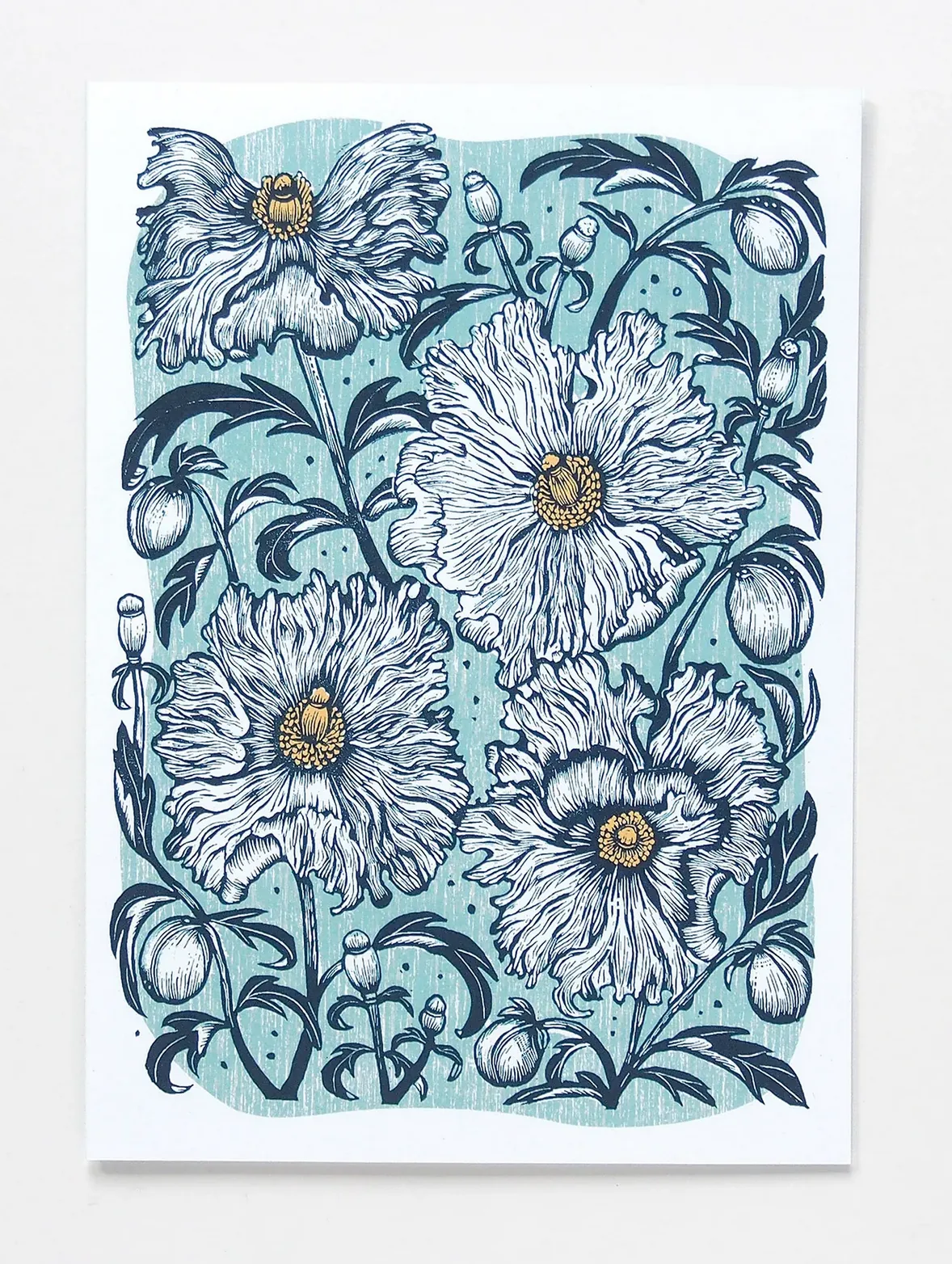 Hawk and Rose Press - Matilija Poppies Linocut Card sold by Smoking Lily