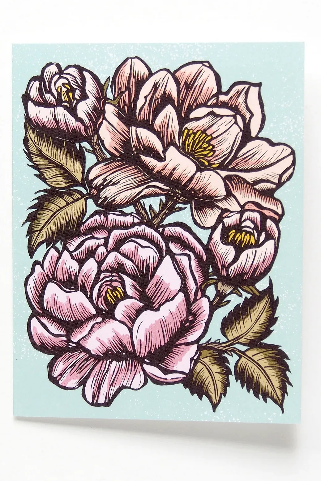 Hawk and Rose Press - Coming Up Roses Linocut Card sold by Smoking Lily