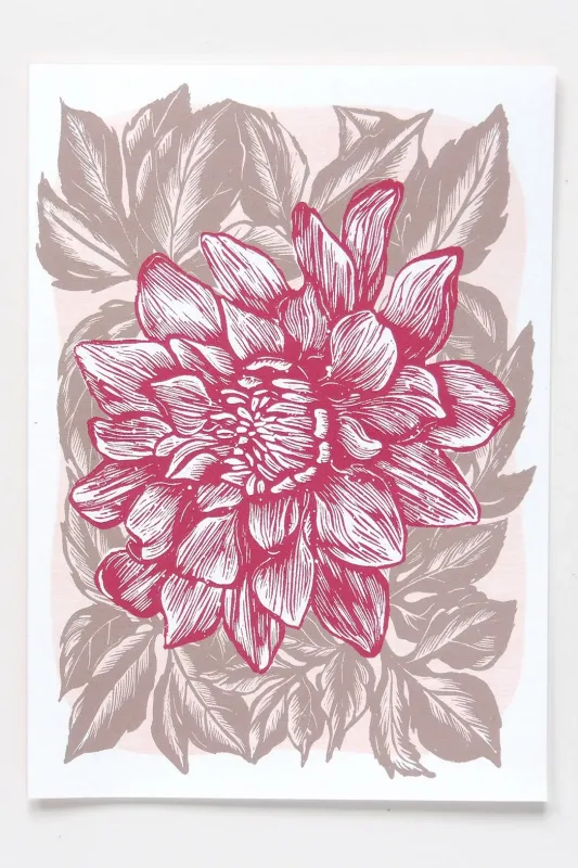 Hawk and Rose Press - Farleigh's Dahlia Linocut Card sold by Smoking Lily