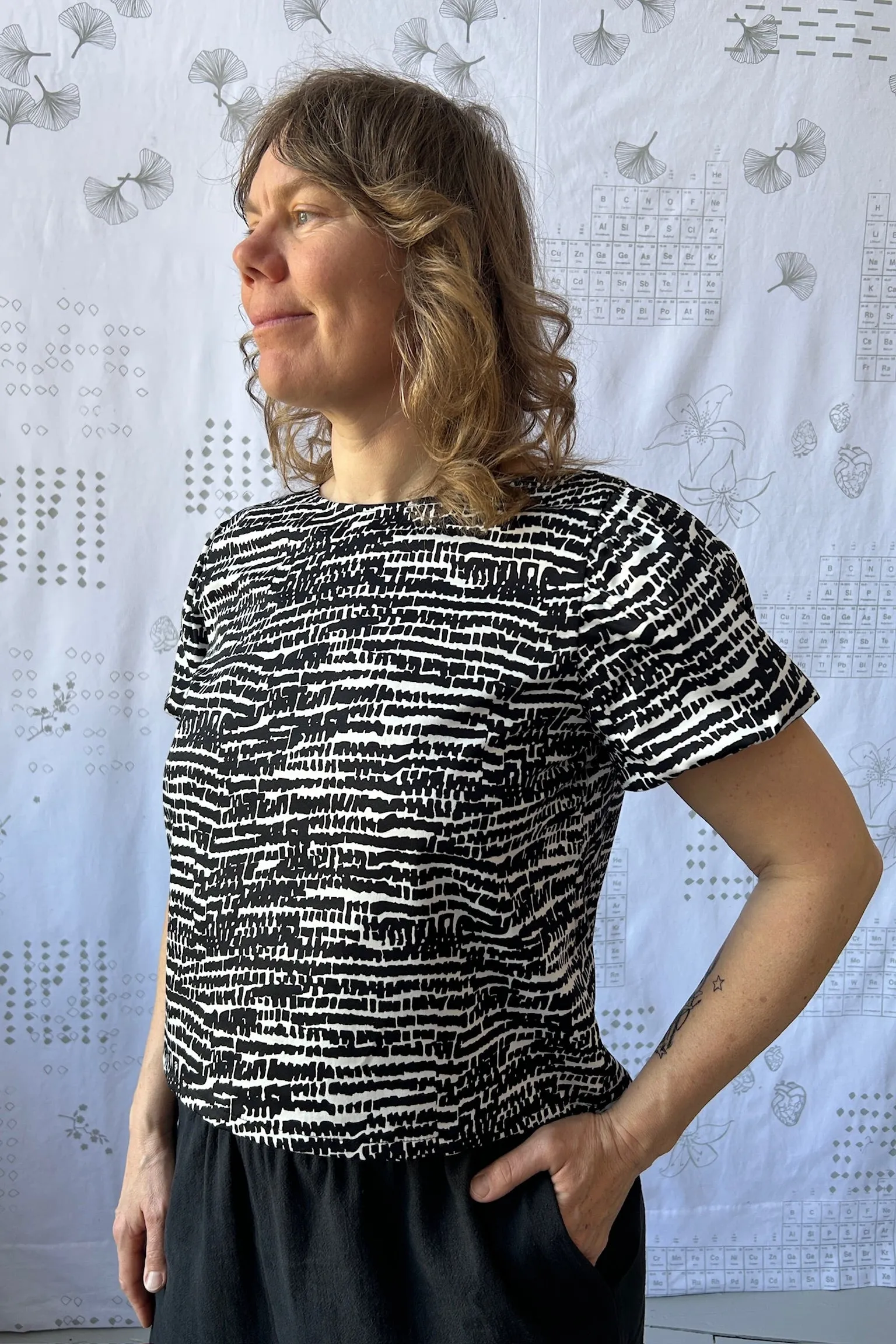 The Billow Top - Black + White Bloom sold by Smoking Lily