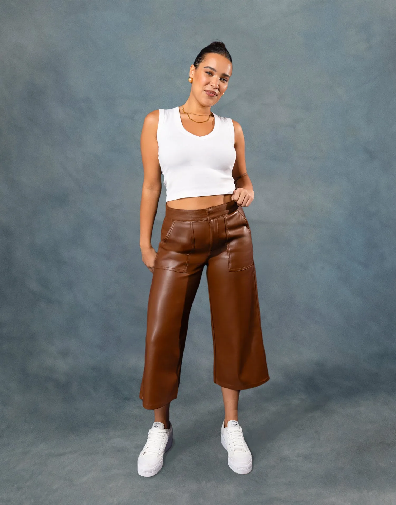 LILY WIDE LEG VEGAN LEATHER PANT / DARK BROWN sold by Yoga Jeans