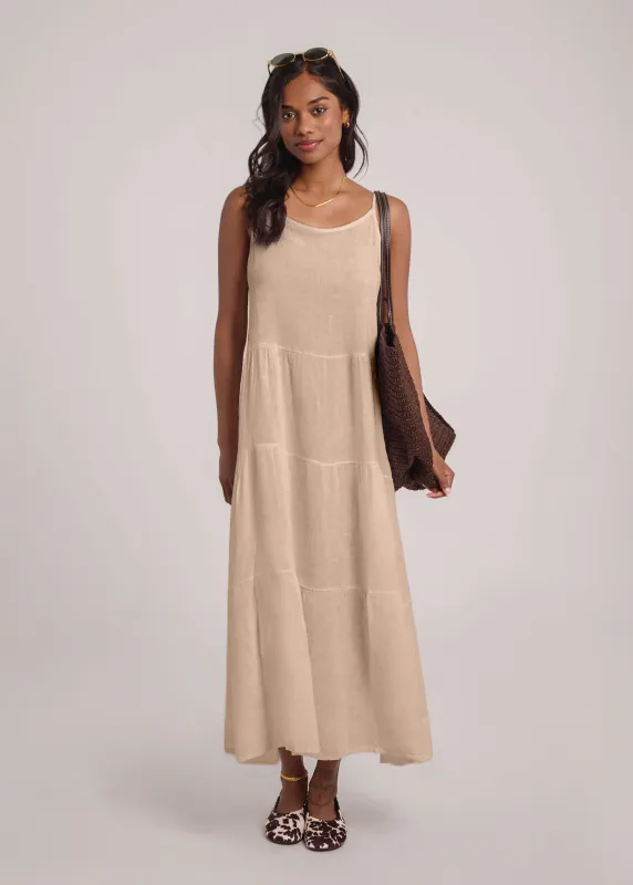 OPHELIA ANKLE GRAZING LINEN DRESS / SAND DUNE sold by Yoga Jeans