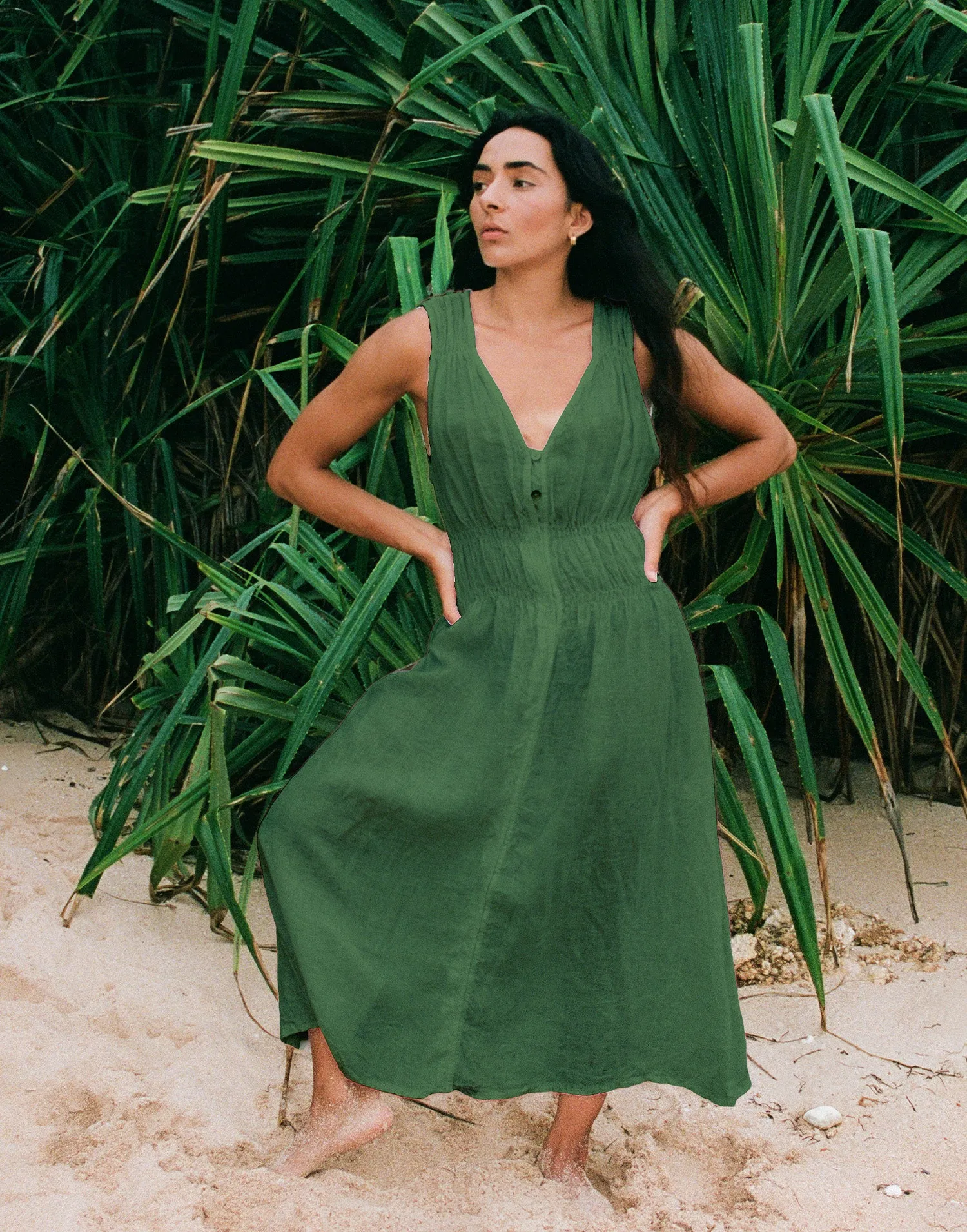 LUNA MIDI LINEN DRESS / MOSS sold by Yoga Jeans