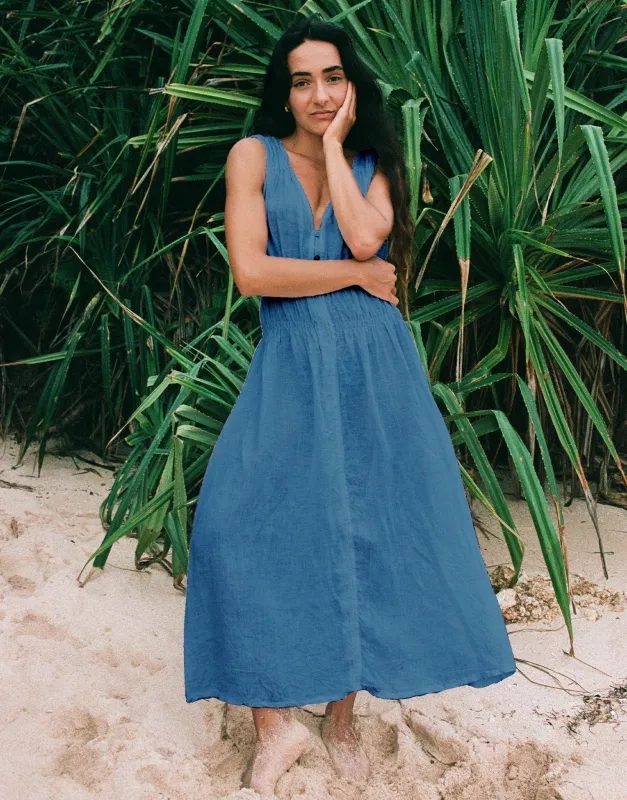 LUNA MIDI LINEN DRESS / DENIM sold by Yoga Jeans