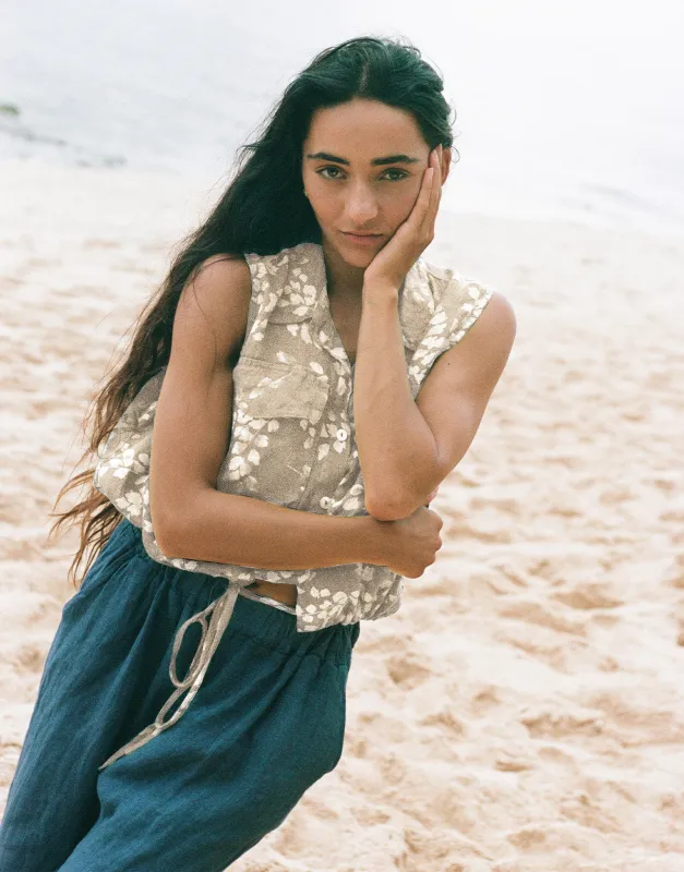 RAIN PRINTED LINEN SLEEVELESS VEST / SAND DUNE sold by Yoga Jeans