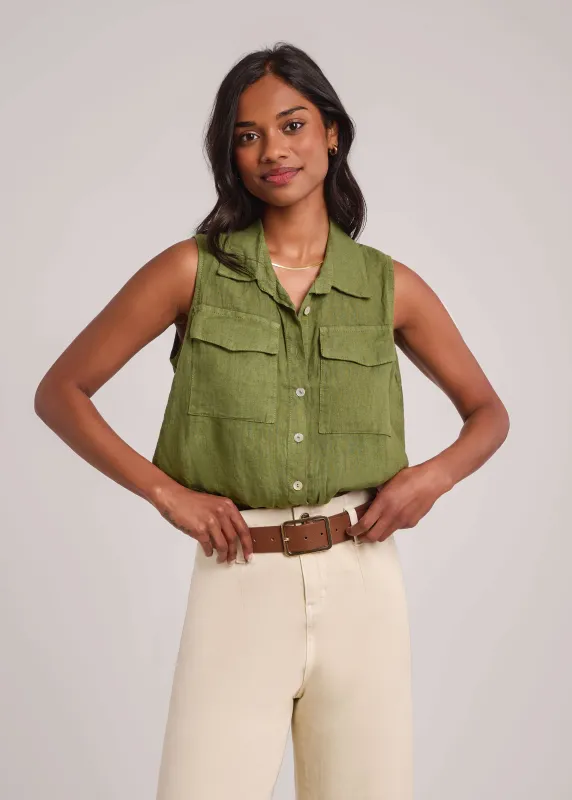 SOL LINEN SLEEVELESS VEST / MOSS sold by Yoga Jeans