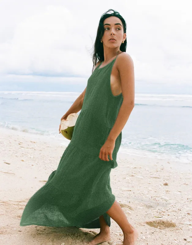 OPHELIA ANKLE GRAZING LINEN DRESS / MOSS sold by Yoga Jeans