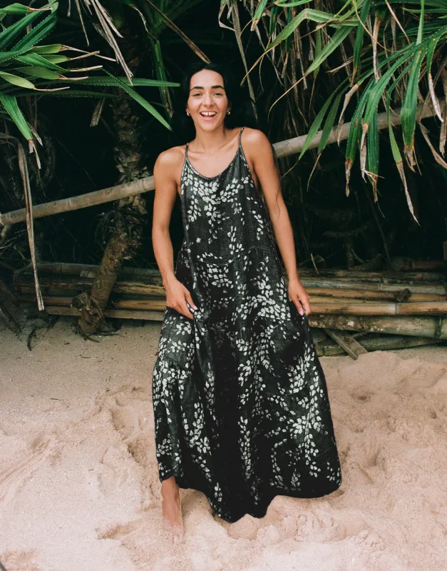 IRIS PRINTED ANKLE-GRAZING LINEN DRESS / BLACK sold by Yoga Jeans