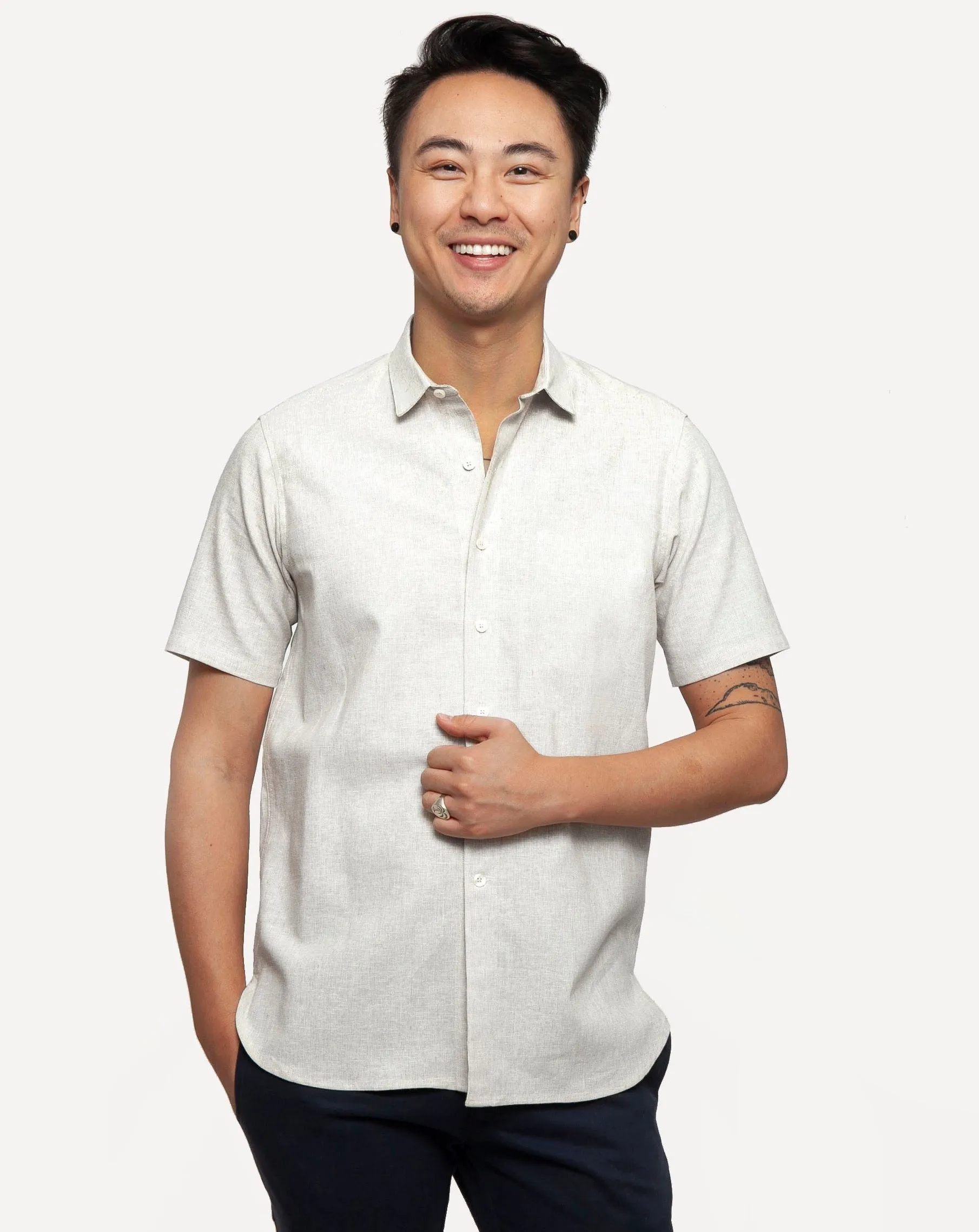 Short Sleeve Dylan Shirt | White Linen Hatches sold by 18 Waits