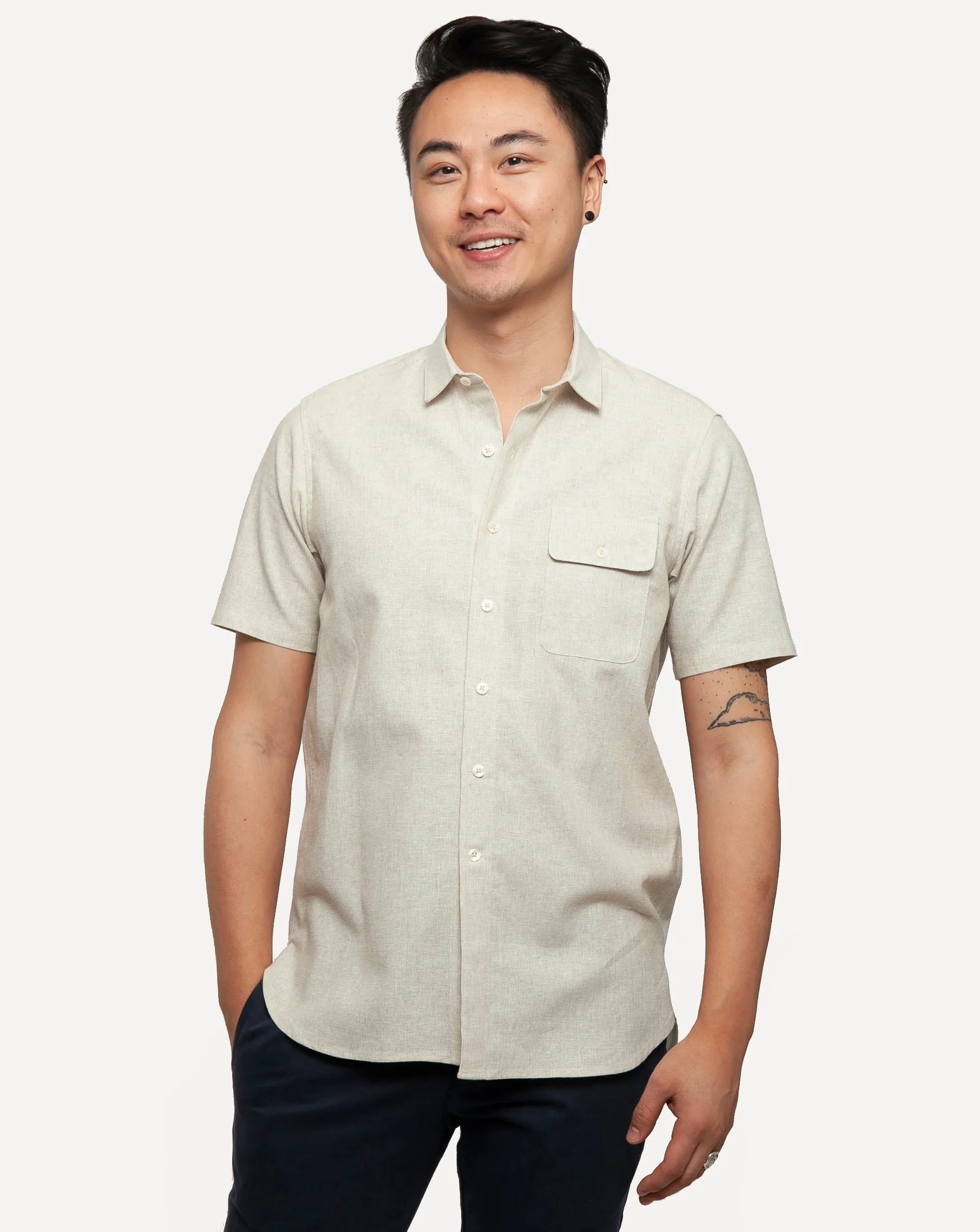 Short Sleeve Neuwirth Shirt | Natural Linen Hatches sold by 18 Waits