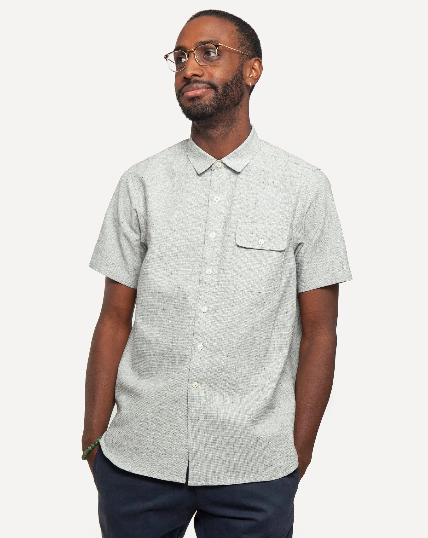 Short Sleeve Neuwirth Shirt | Indigo Linen Hatches sold by 18 Waits