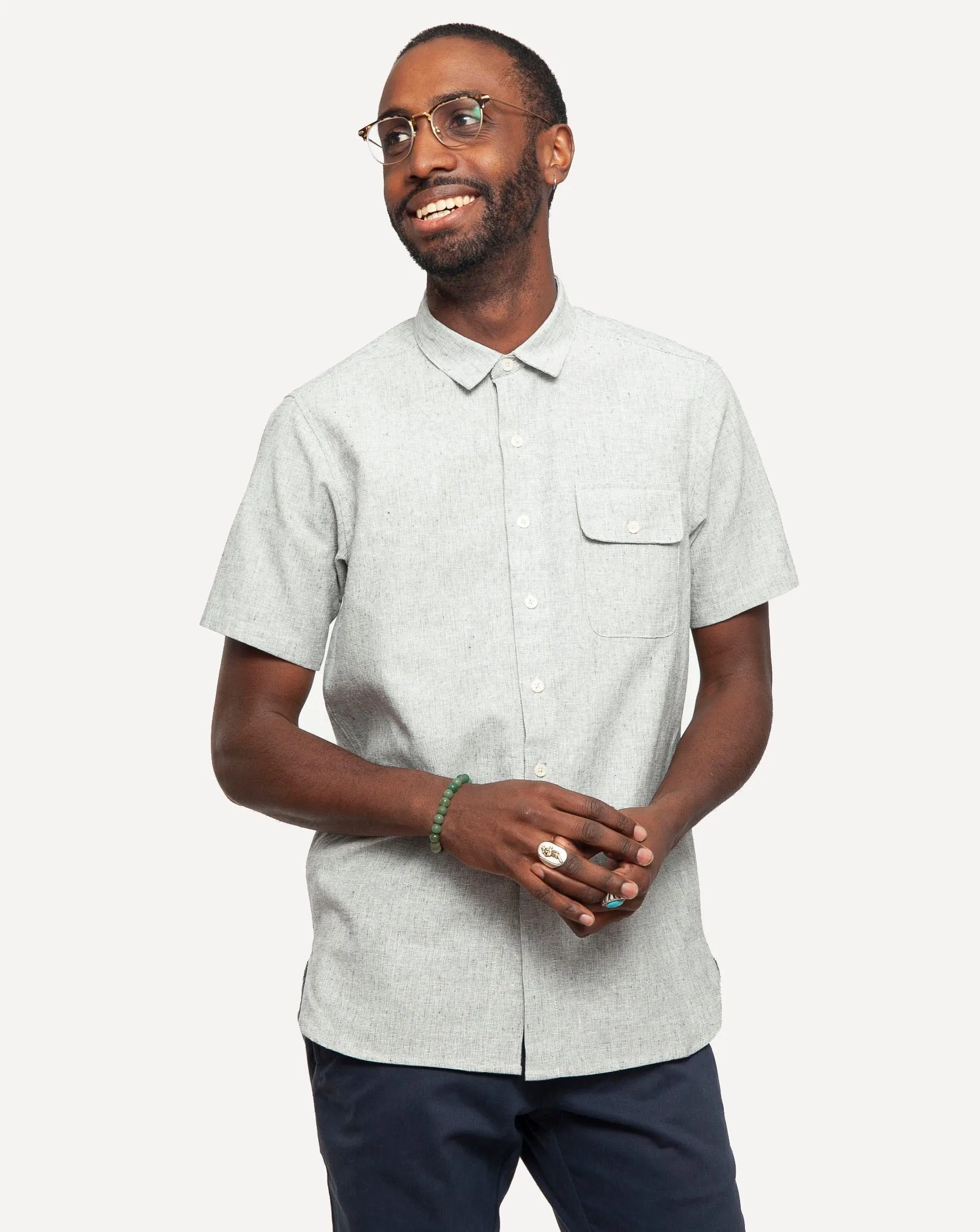 Short Sleeve Neuwirth Shirt | Indigo Linen Hatches sold by 18 Waits product image thumbnail 2