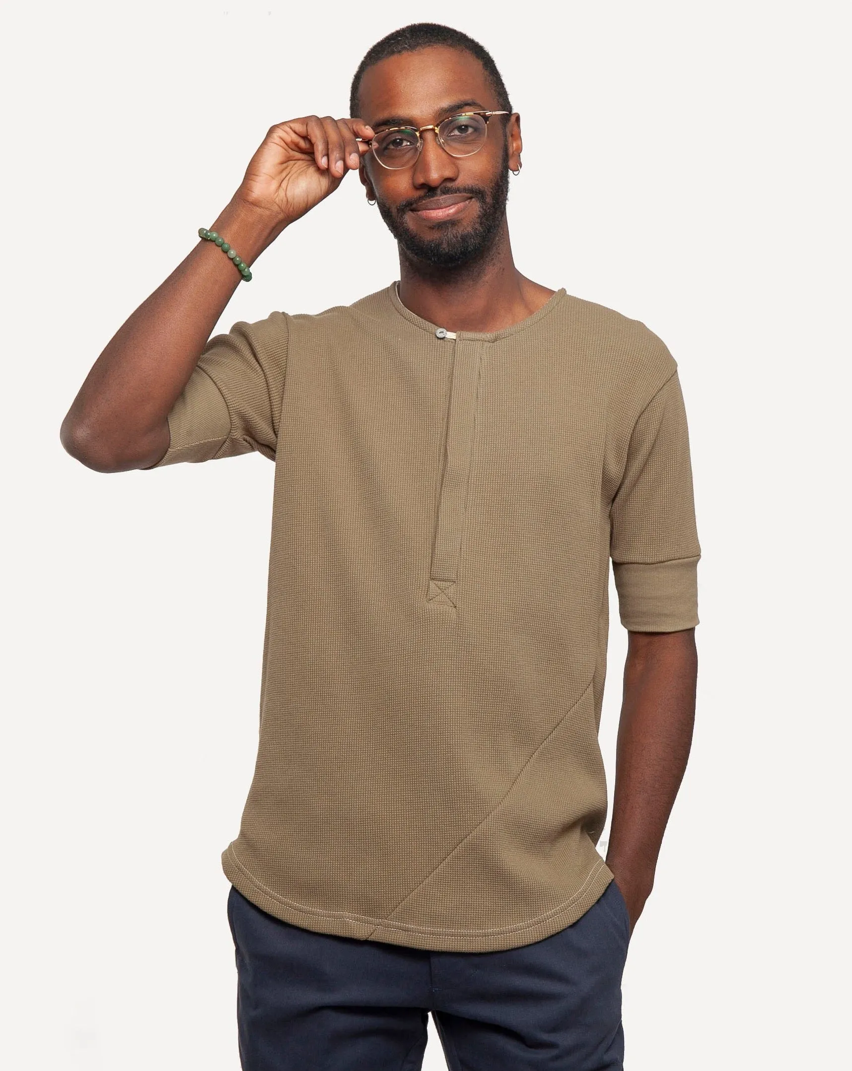 Hitchhiker Henley | Organic | Khaki Micro Waffle sold by 18 Waits